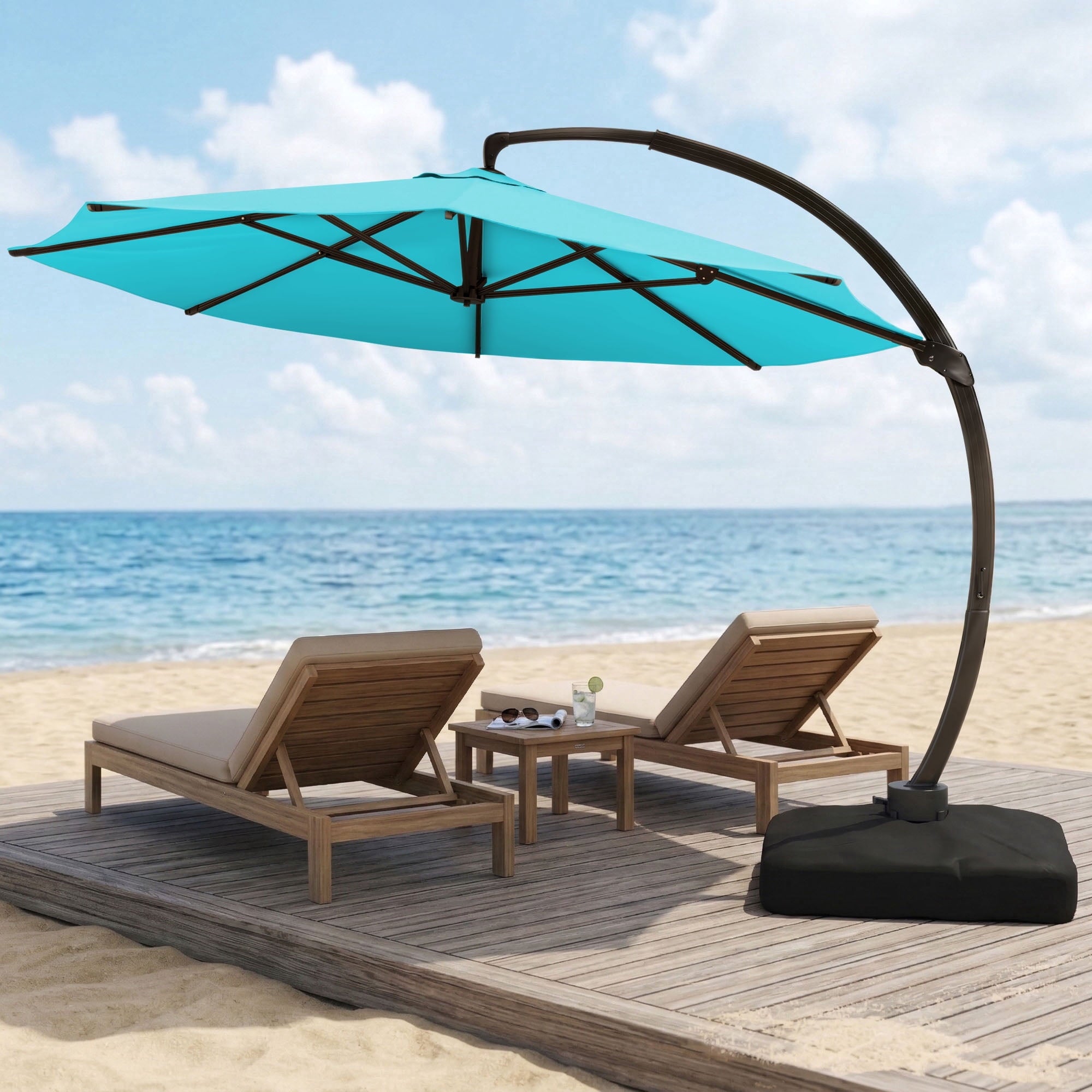 LAZZO 11ft Outdoor Patio Umbrella with Base, Aluminum Offset Cantilever Umbrella for Pool Deck, Champagne
