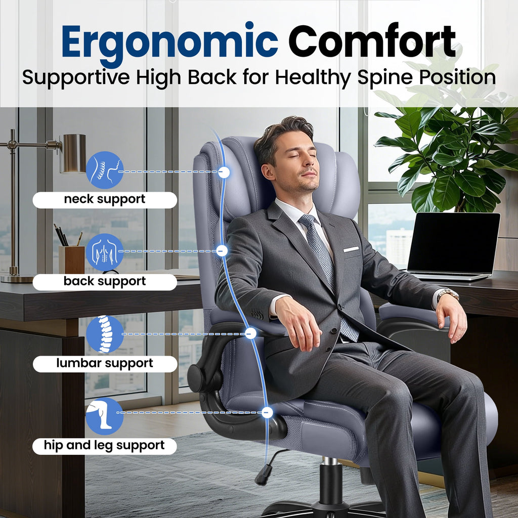 STACOO High Back Executive Office Chair 400lbs, Big and Tall Ergonomic Desk Chair with Lumbar Support & Flip-up Armrests, PU Leather Swivel Chair with Adjustable Height – Brown