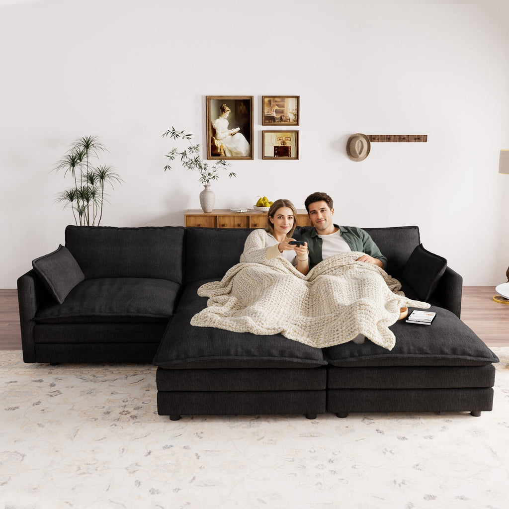 Muumblus Sectional Sofa Cloud Couch with Reversible Ottoman, L-Shaped Chenille Sofa for Living Rooms, Beige
