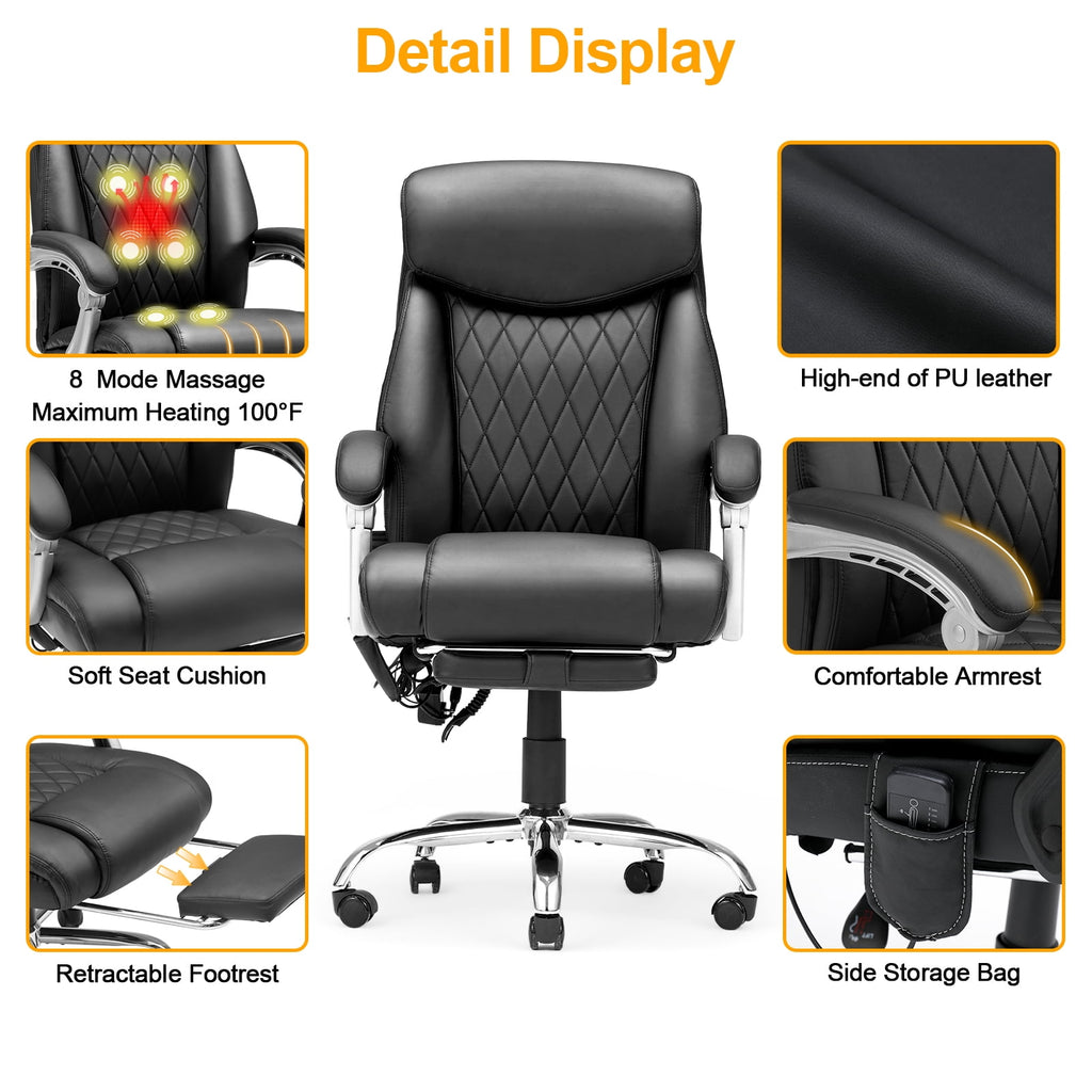 HOMREST Ergonomic Office Chair with 6-Point Massage & Heating, Adjustable Executive Desk Chair with Retractable Footrest, PU Leather Home Office Desk Chair for Home & Office (Black)