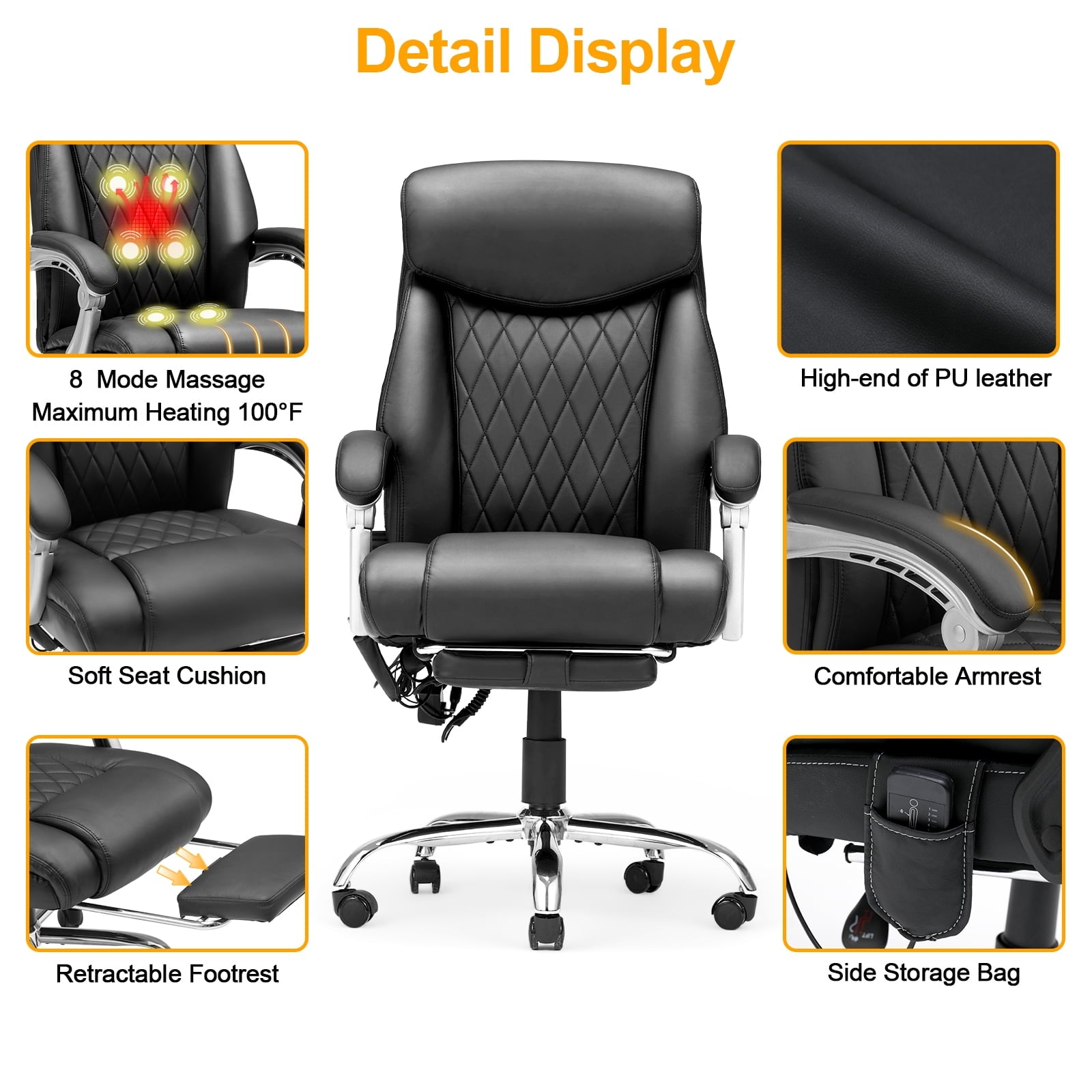 HOMREST Ergonomic Office Chair with 6-Point Massage & Heating, Adjustable Executive Desk Chair with Retractable Footrest, PU Leather Home Office Desk Chair for Home & Office (Black)