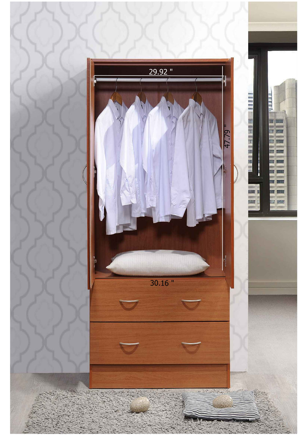 Hodedah 2-Door Armoire with 2-Drawers and Clothing Rod in Black