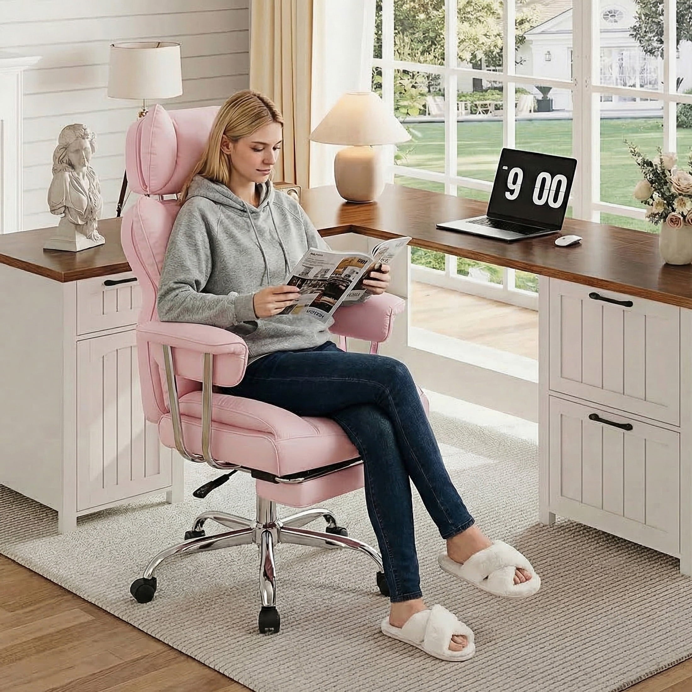 edx Executive Home Office Desk Chair, Ergonomic Big Tall High Back with Footrest & Lumbar Support, Reclining Comfy PU Leather Computer Gaming Chair with Swivel Wheels, Height Adjustable, Black
