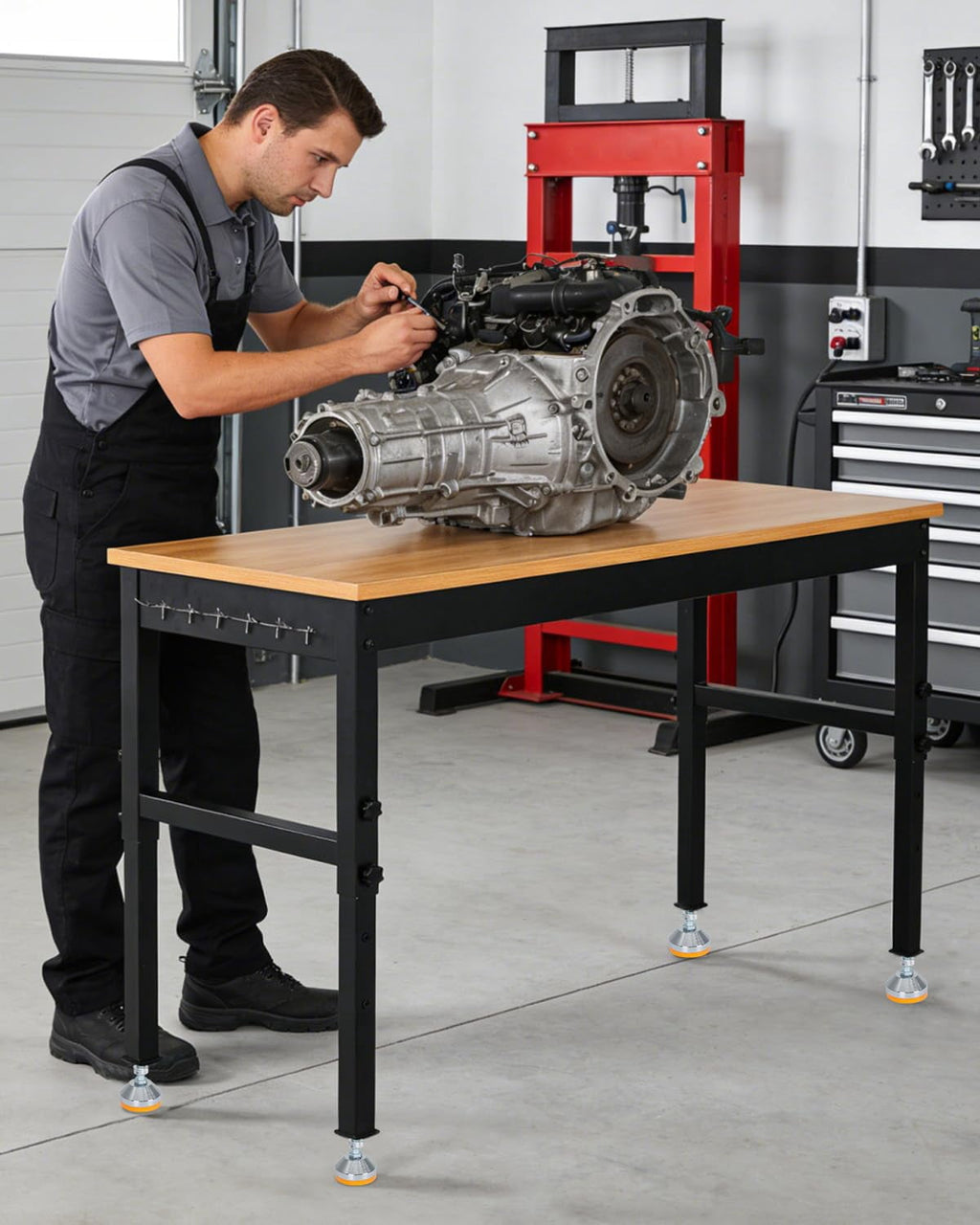 Adjustable Heavy-Duty Workbench with Power Outlets – 48 / 60 / 72 Inch Wood Top Work Table, 2500 lb Capacity, Steel Frame for Garage, Workshop, or Home Office