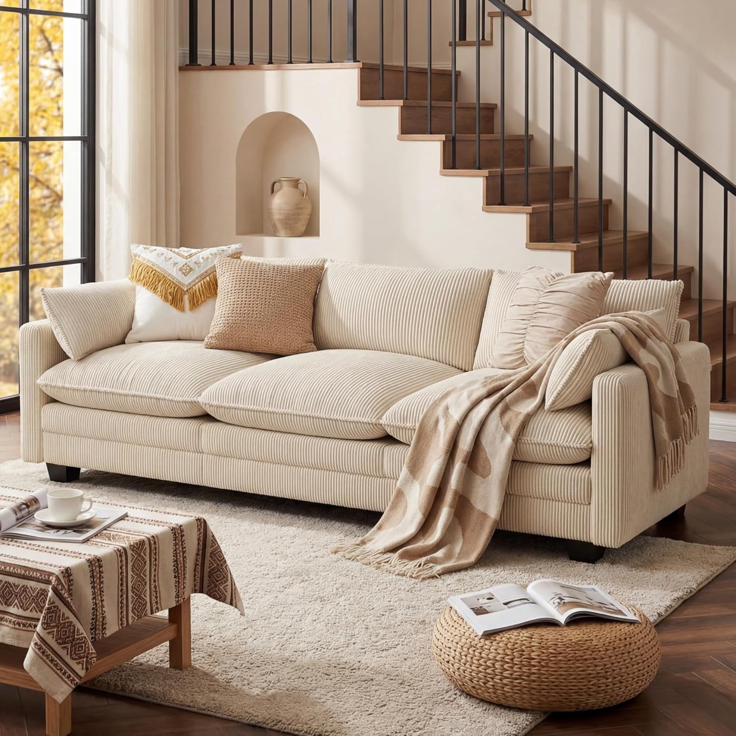 110 Cloud Couches for Living Room, Noelse 3 Seater Cloud Sofa with Double Layer Cushion and Deep Seat, Cream Couch with Washable Cover, Corduroy Fabric, Beige