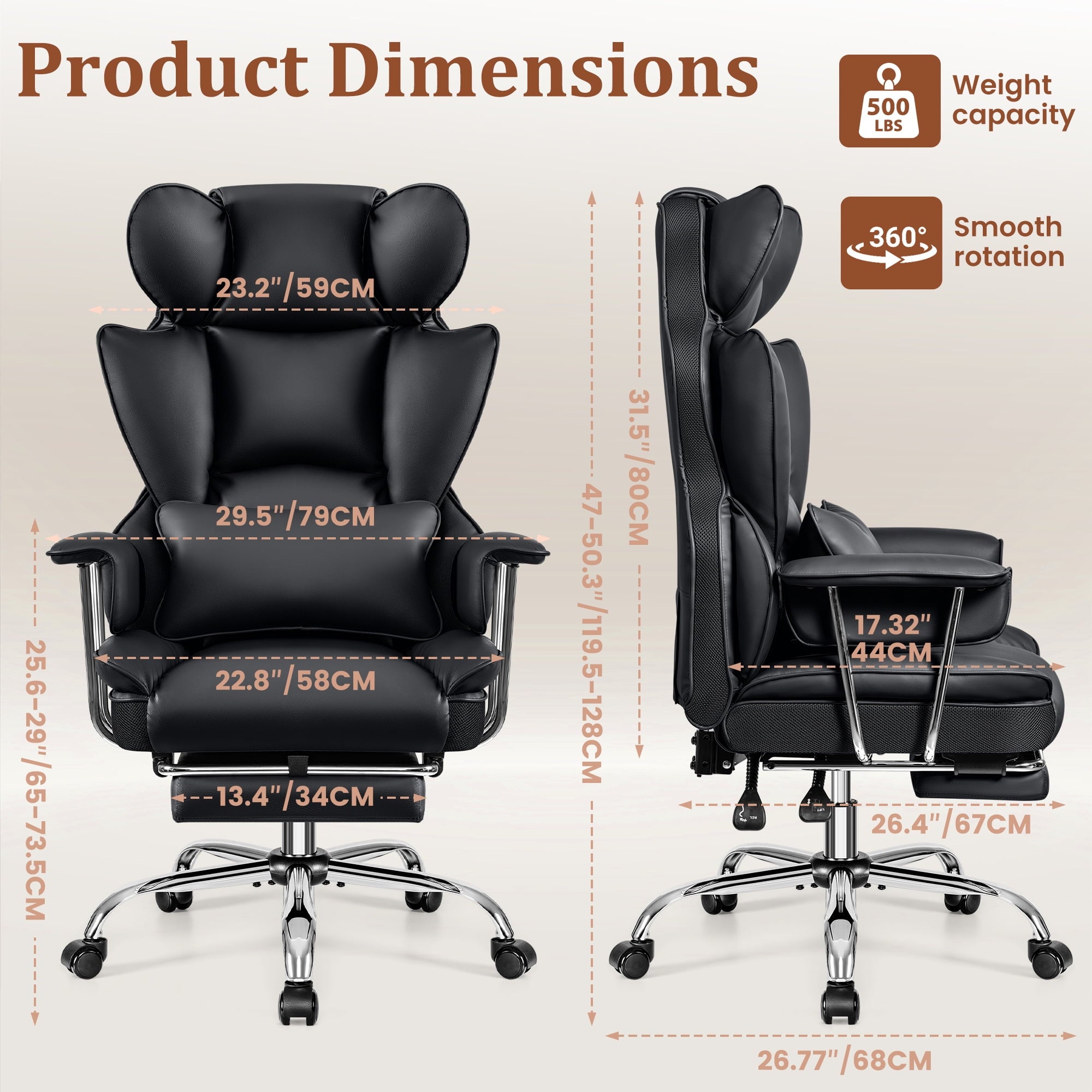COOLHUT Big and Tall Office Chair 500LBS Wide Seat Ergonomic Computer Desk Chair, PU Leather Executive Office Chair with Footrest, Adjustable Task Chair Lumbar Back Support 8 Hour, Black