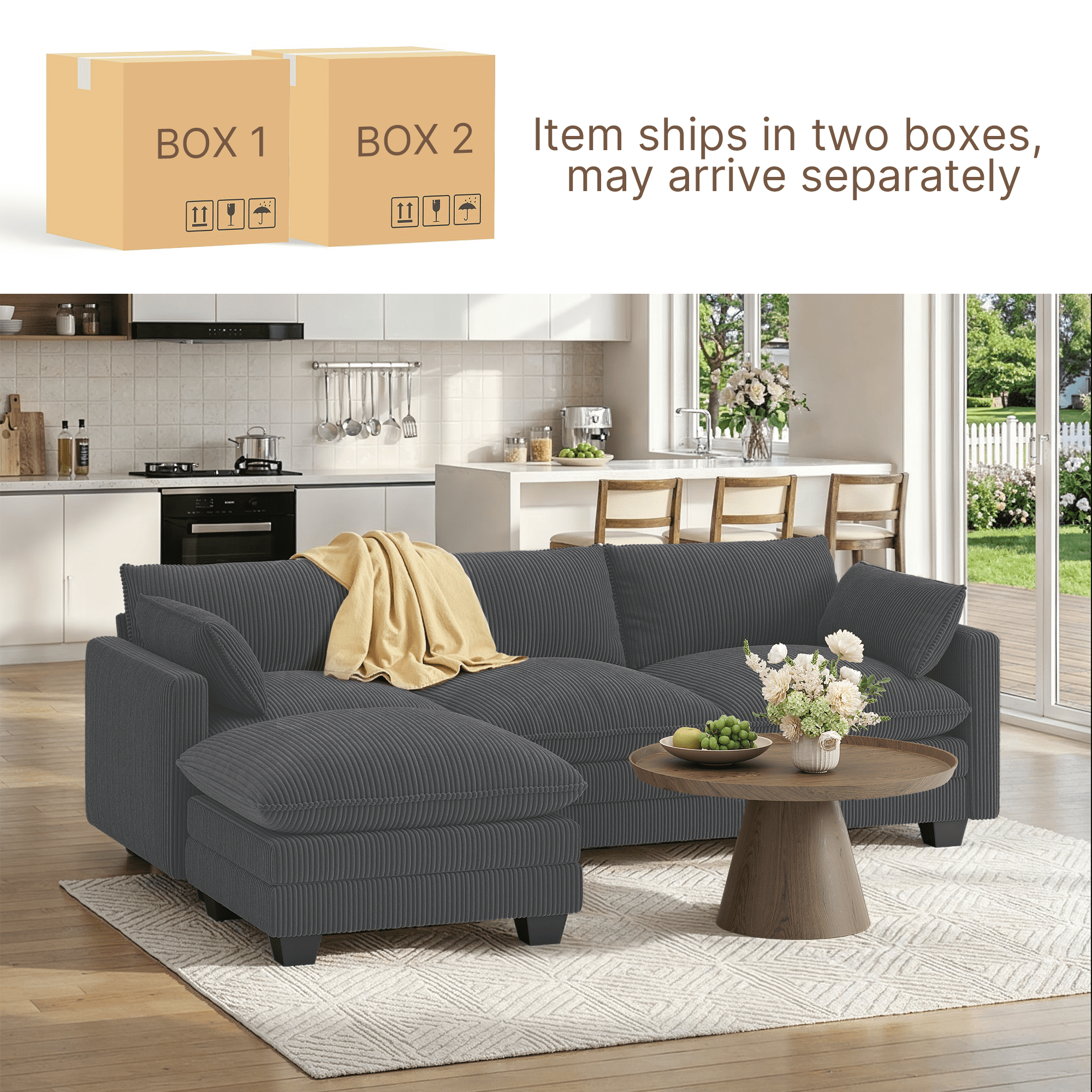 110'' Oversized L Shaped Couch for Living Room, Cloud Couches with Washable Corduroy Cover, Modern 4-Seater Comfy Deep-Seat Sofa with Movable Ottoman and 2 Throw Pillows for Apartment, Gray