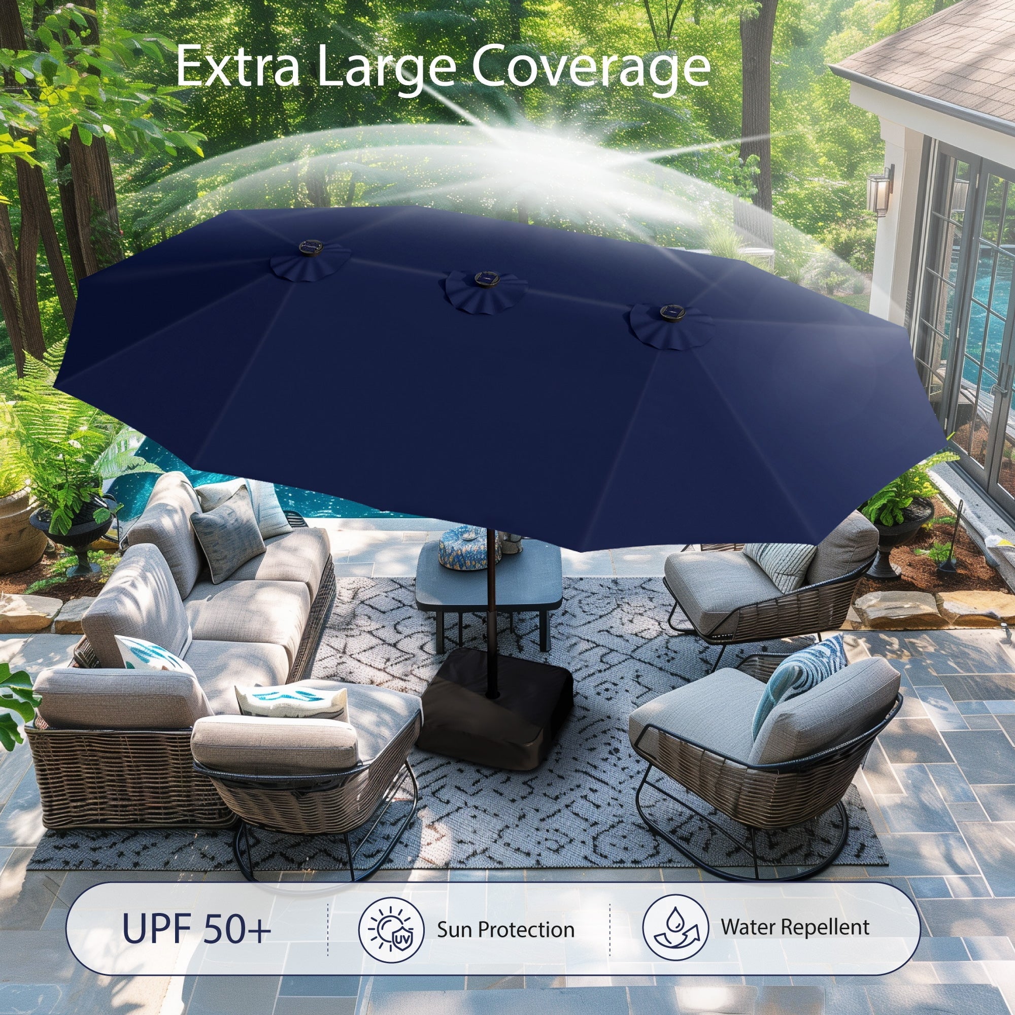 Alpha Joy 15ft Extra Large Outdoor Patio Double-Sided Umbrella with LED Solar Lights & Umbrella Base, Beige