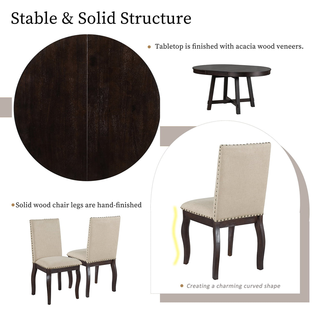 Harper & Bright Designs Extendable Dining Table Set for 4 Upholstered Chairs Functional Retro Style Table for Dining Room Kitchen, Natural Wood Wash