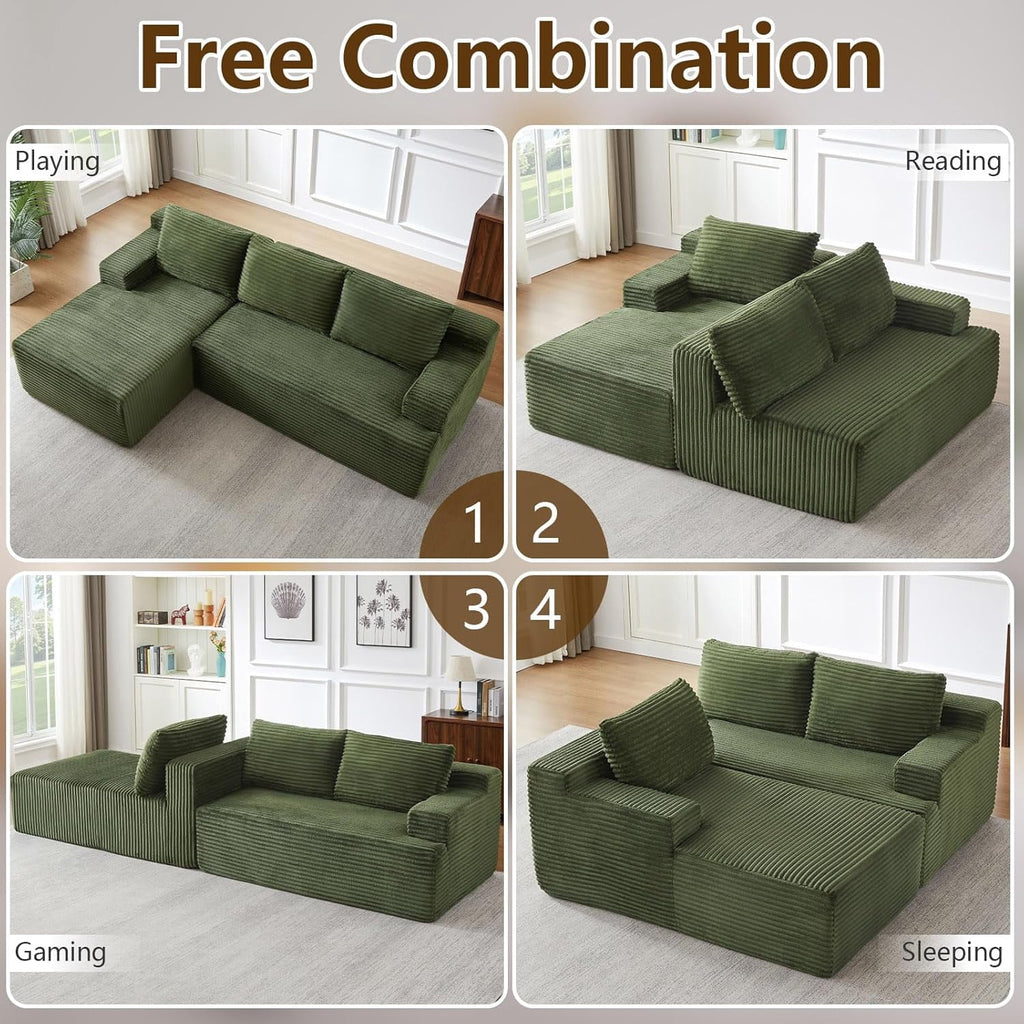 96 Boneless Cloud Couch with Chaise, Modular Sectional Sofa for Living Room, No Assembly Required, Deep Seat Corduroy Couch, Green
