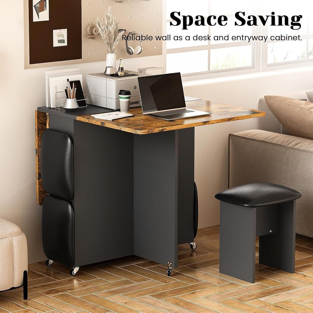 MIERES Folding Dining Table Set for 4, Dinner Table with 4 Leather Chairs and Shelves, Space Saving Foldable Dining Table with 6 Wheels, Kitchen Table for Small Spaces (Grey)