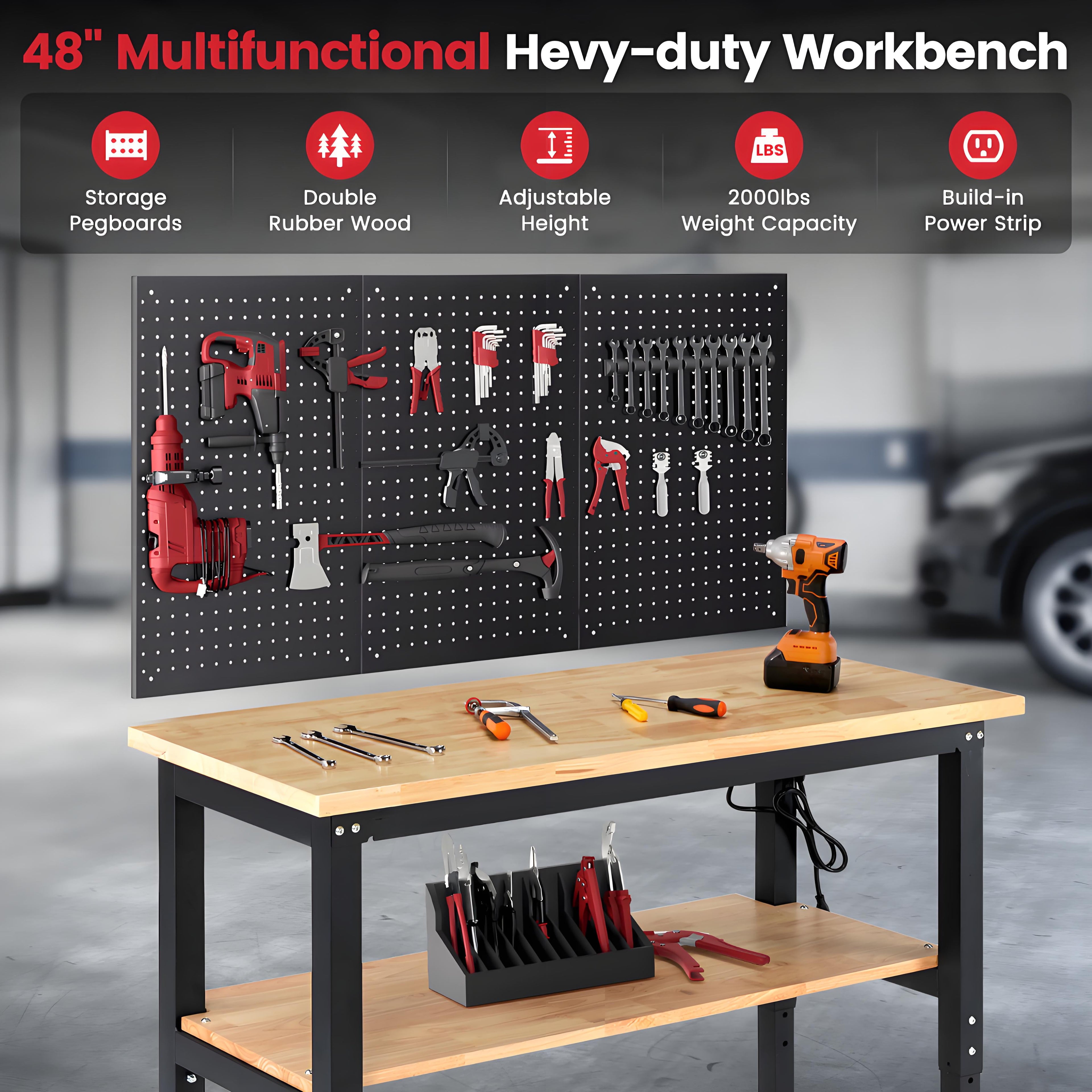 Workbench for Garage,ENJOYWOOD Heavy-Duty 60 inch 2 Tier Wood Work Bench with Storage Pegboards,Rubber Mat,Power Outlets, Rubber Wood Tabletop 2000 LBS Load Bearing Workstation Garage Desk Work Table