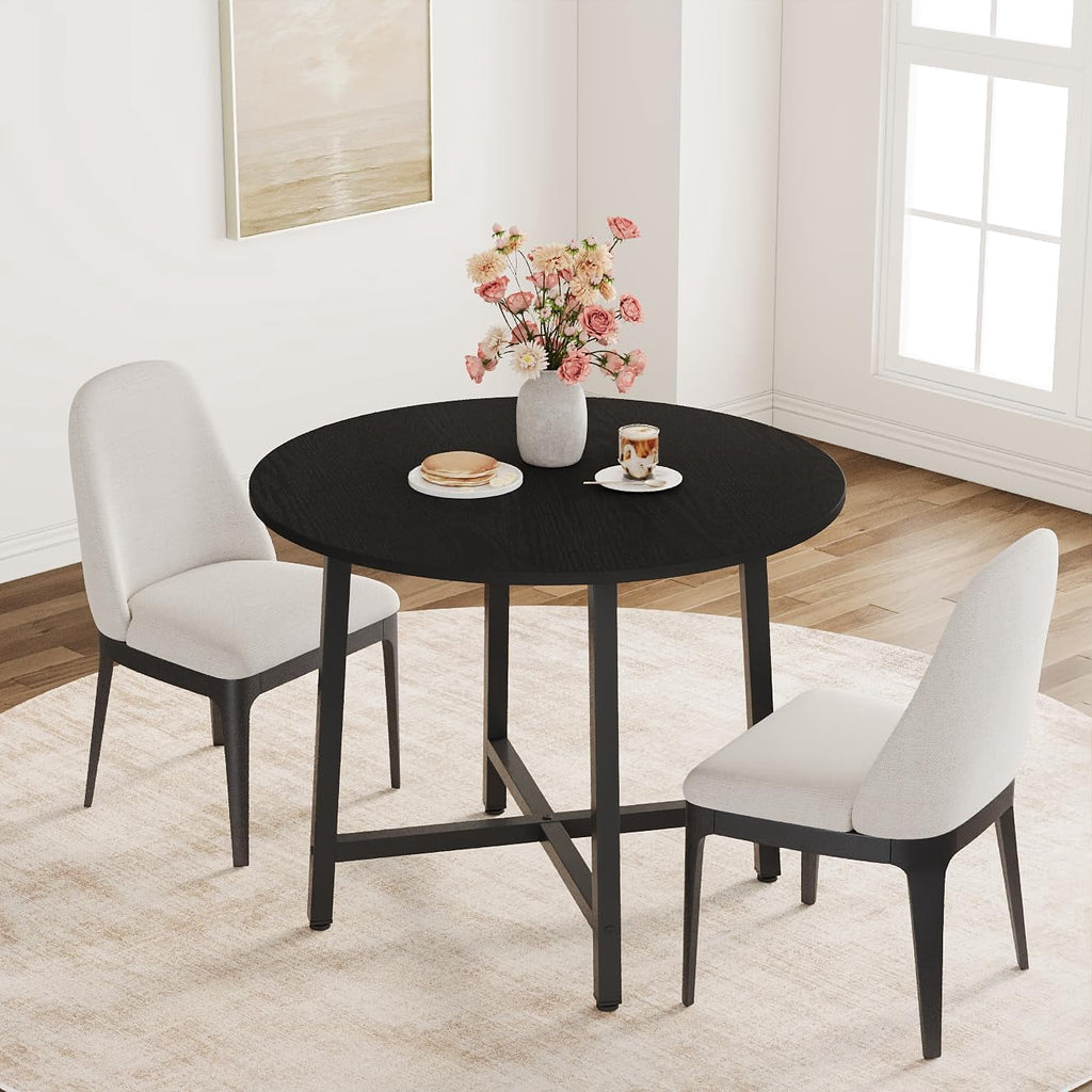 31.5 Round Dining Table for 4 People, Modern Wood Circle Kitchen Table with Sturdy Industrial Metal Frame, Small Space Saving Dining Room Table for Apartment & Breakfast Nook, (No Chairs), Walnut