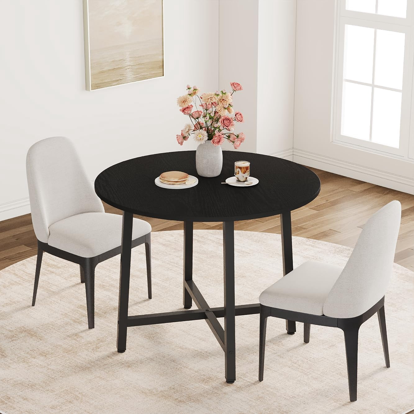 31.5 Round Dining Table for 4 People, Modern Wood Circle Kitchen Table with Sturdy Industrial Metal Frame, Small Space Saving Dining Room Table for Apartment & Breakfast Nook, (No Chairs), Walnut