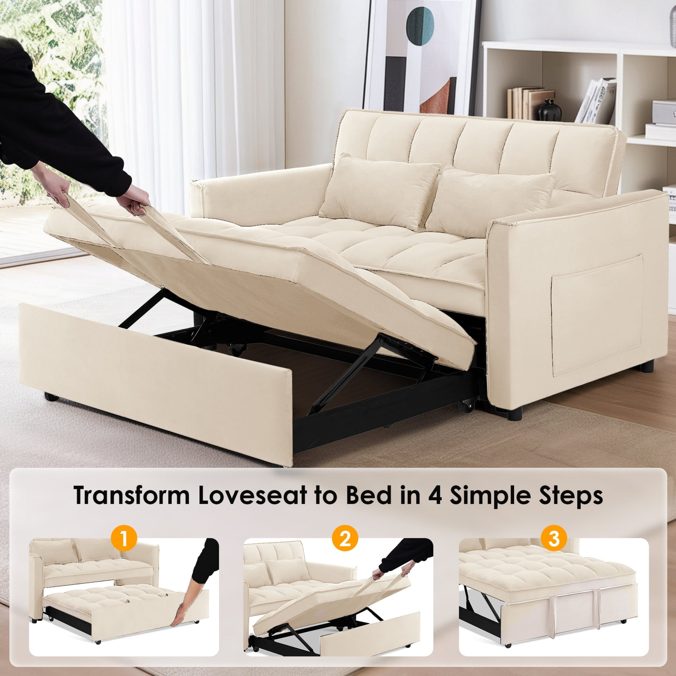 Anpport 3-in-1 Convertible Sleeper Sofa Bed, Pull-Out Loveseat Couch with Adjustable Back for Small Spaces, Velvet Fabric, 55, Dark Gray