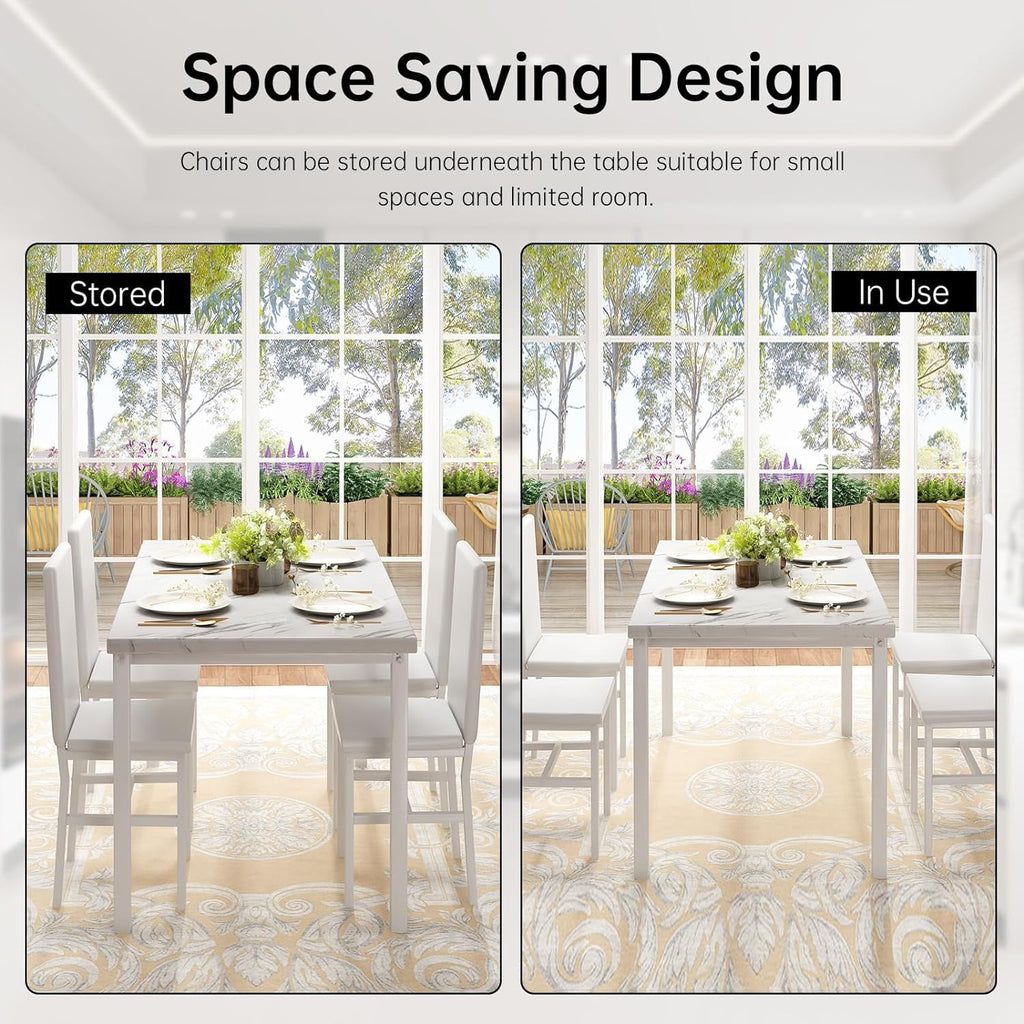 MIERES 5 Piece Dinning Table Sets for 4, Marble Kitchen Table and Chairs for 4,Dining Room Table Set with PU Leather Chairs,Faux Marble Dining Set for Small Spaces,Living Room,White+Brown