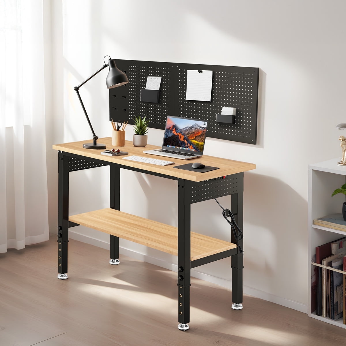 60 inch Workbench for Garage, Heavy-Duty 2 Tier Wood Work Bench with Storage Pegboards, Hooks, Power Outlets, Rubber Wood Tabletop 2000 LBS Load Bearing Workstation Garage Desk Work Table