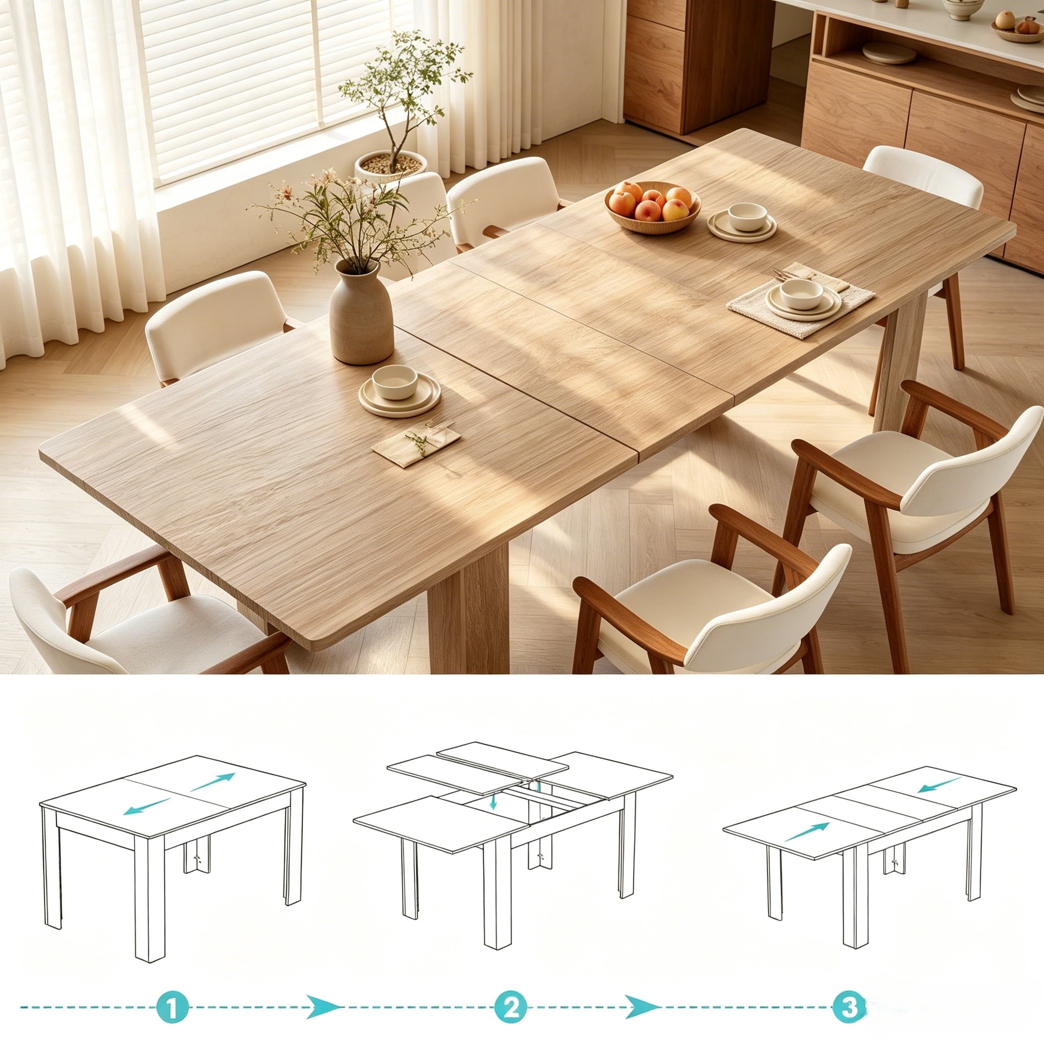 JSFHNTG Extendable Dining Table Seats 4–8, Expandable from 55'' to 86.6'', Space Saving for Dining Room Kitchen Living Room, Brown