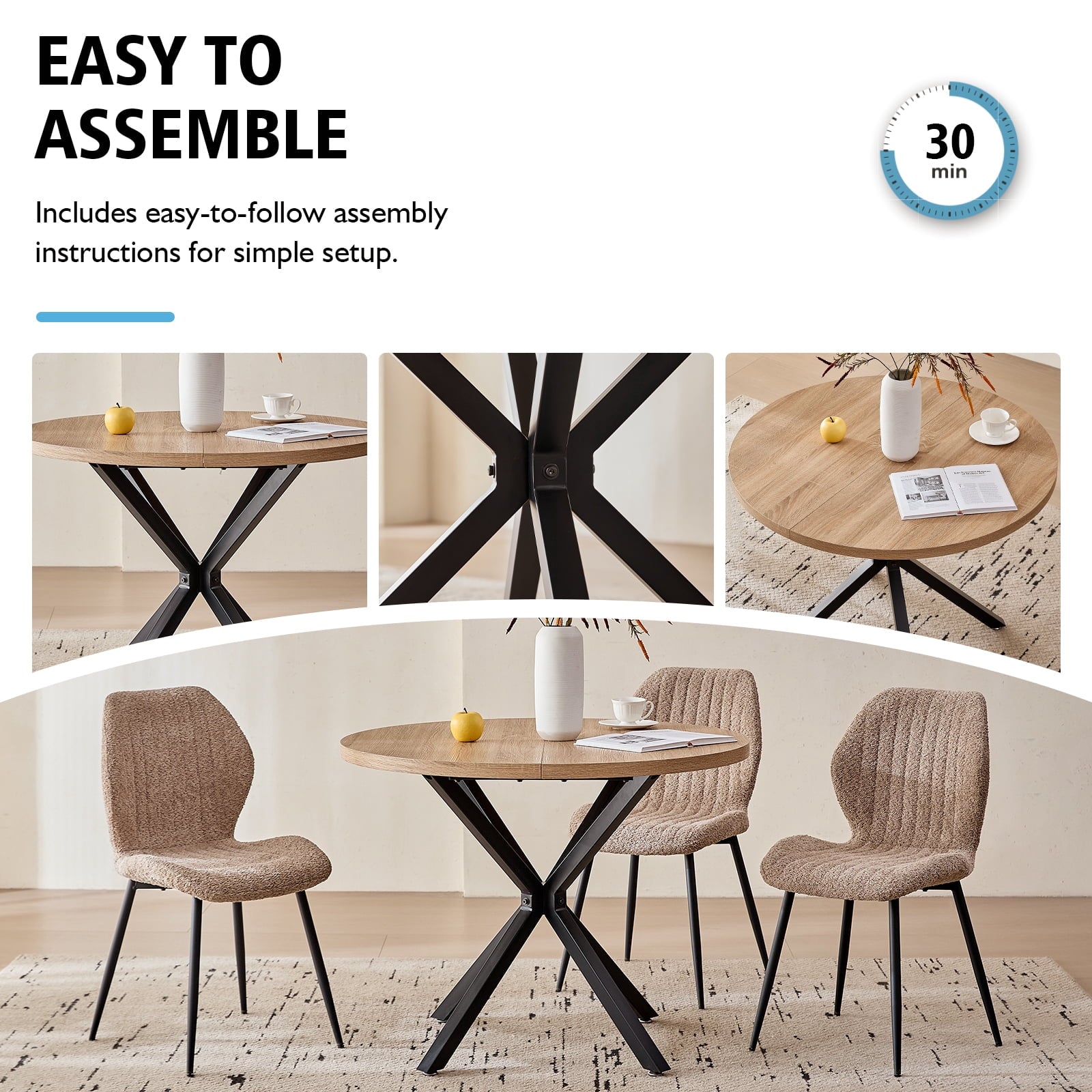 5 Piece 39 Round Dining Table Set for 4, Mid Century Kitchen Table with 4 Khaki Fabric Upholstered Dining Chairs for Apartment Living Room, Space Saving Table.