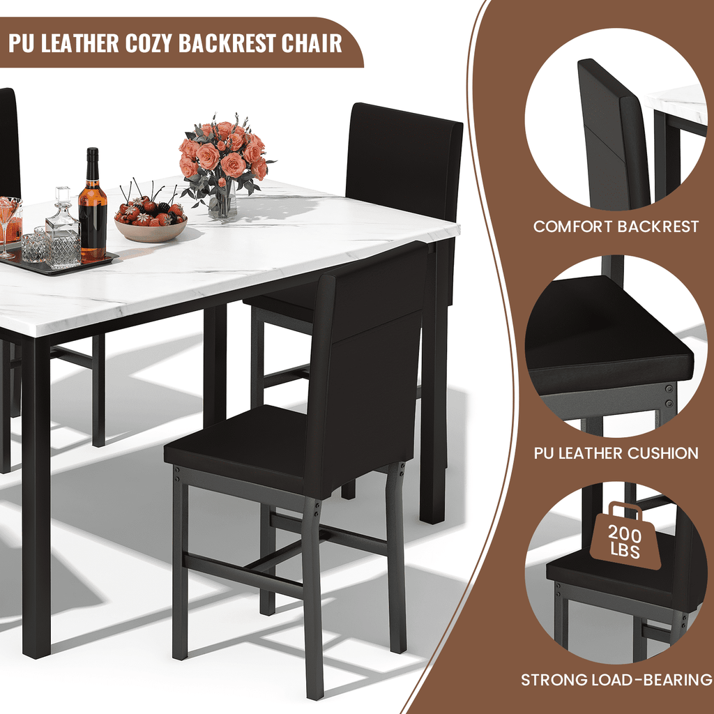 AWQM 5 Piece Dining Table Set, Faux Marble Kitchen Table and Chairs for 4, Dining Room Table Set with 4 PU Leather Chairs, White