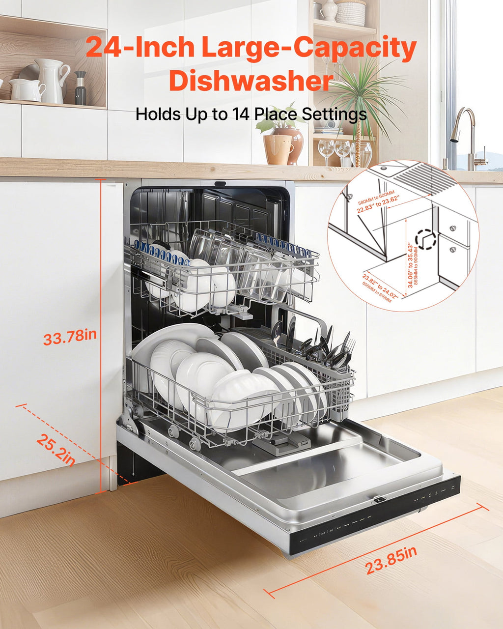 VEVOR 24 Inch Built-In Dishwasher, Stainless Steel Tub, 14 Place Settings and 8 Washing Programs, 23.82 x 25.2 x 33.78 Inch Low-Noise Dishwashing Machine with Upper / Lower Racks and Zoned Storage
