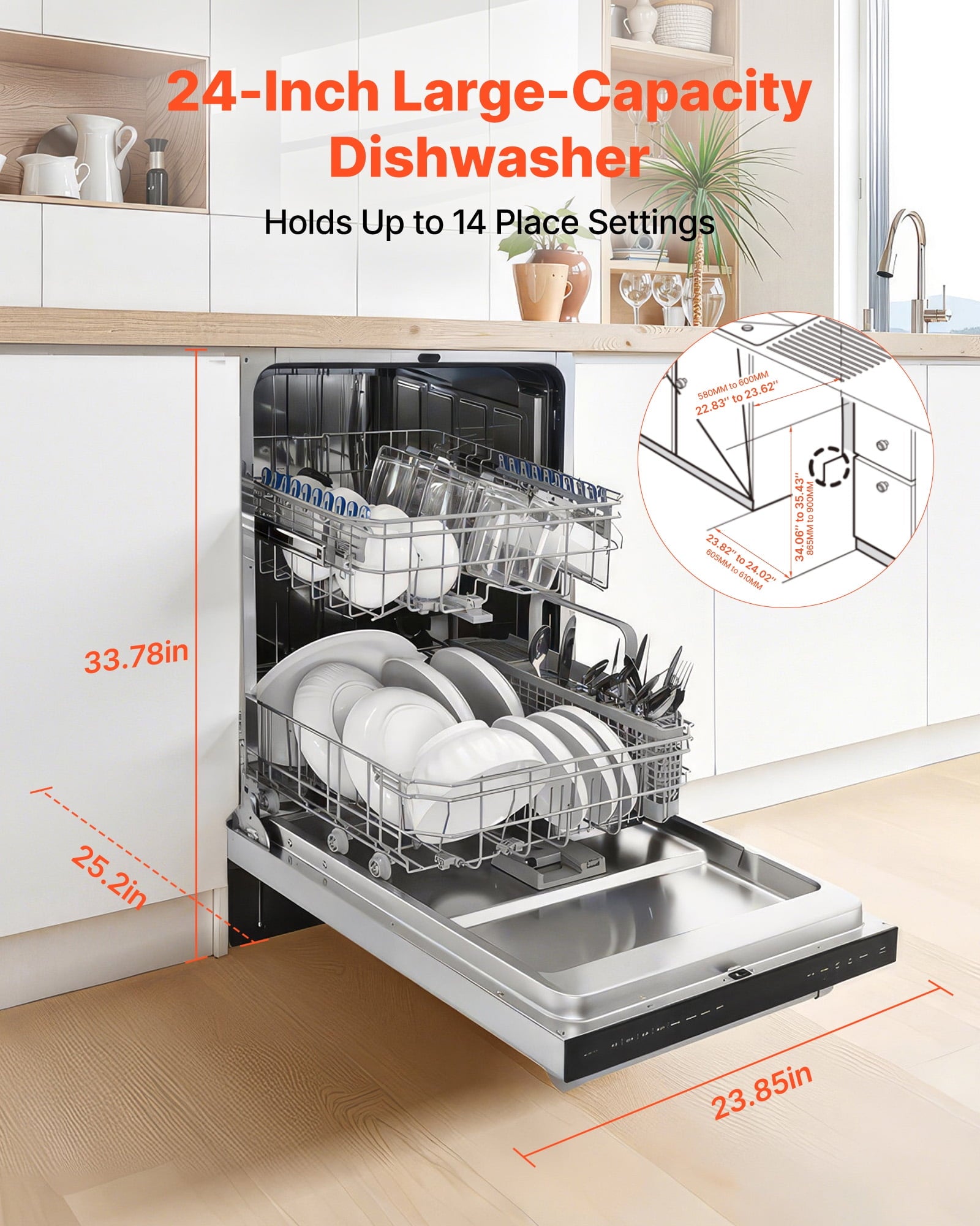 VEVOR 24 Inch Built-In Dishwasher, Stainless Steel Tub, 14 Place Settings and 8 Washing Programs, 23.82 x 25.2 x 33.78 Inch Low-Noise Dishwashing Machine with Upper / Lower Racks and Zoned Storage