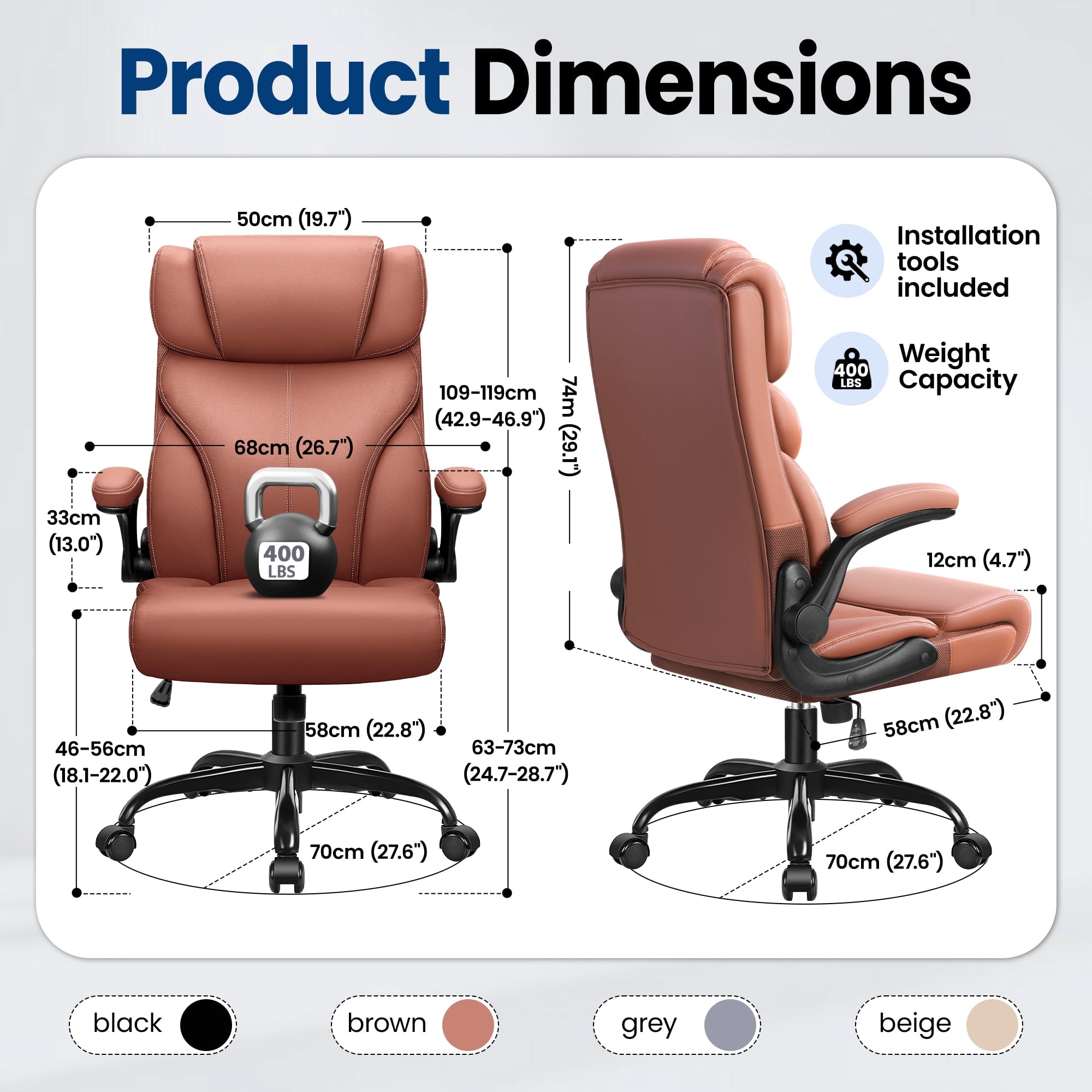 STACOO High Back Executive Office Chair 400lbs, Big and Tall Ergonomic Desk Chair with Lumbar Support & Flip-up Armrests, PU Leather Swivel Chair with Adjustable Height – Brown