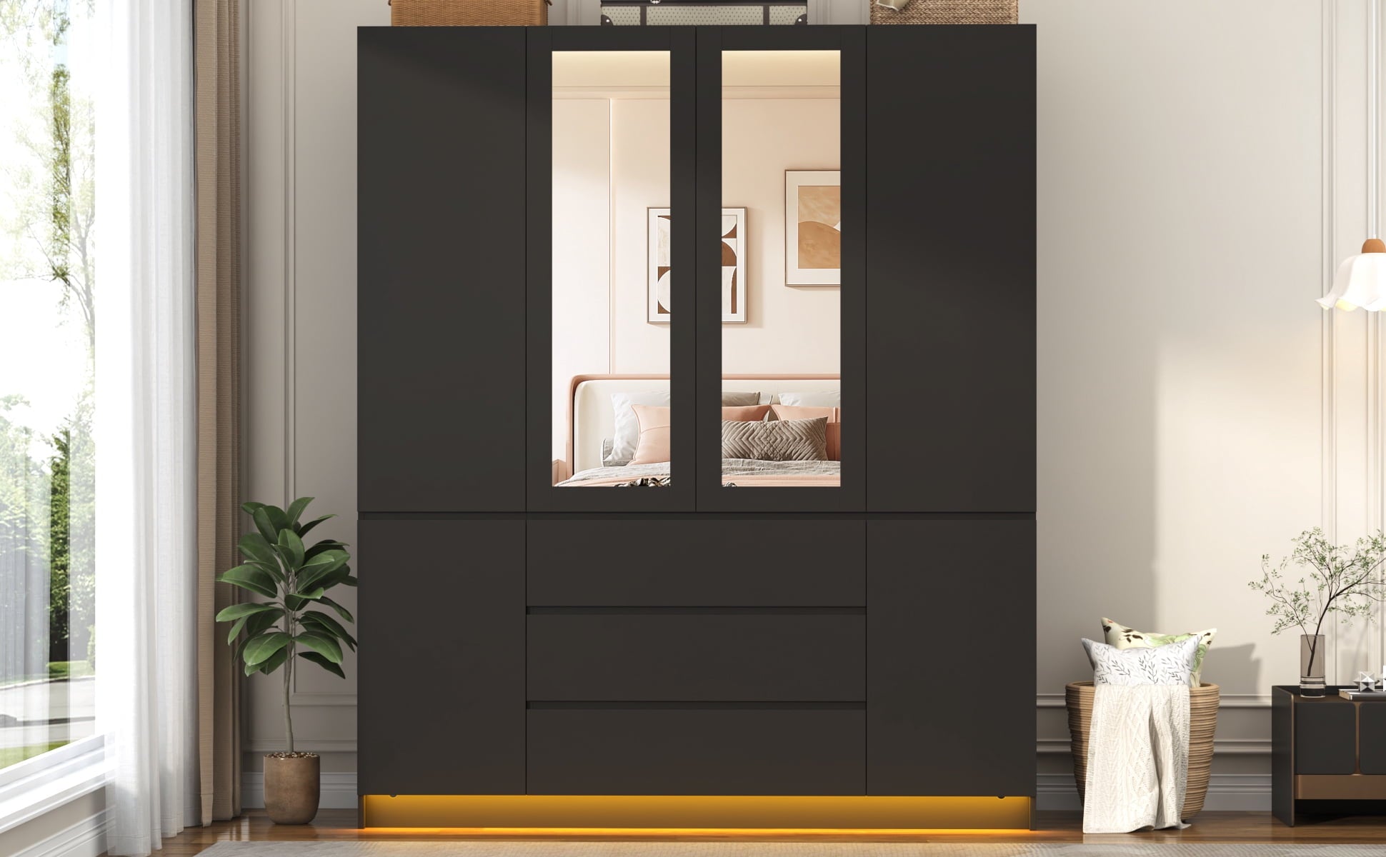 75 Tall 3 Doors Armoire Wardrobe Closet with  3 Drawers and Mirror, Large Wardrobe Closet for Bedroom with LED Lights, Wooden Armoire Storage Cabinet with Hanging Rod, Adjustable shelves (White)