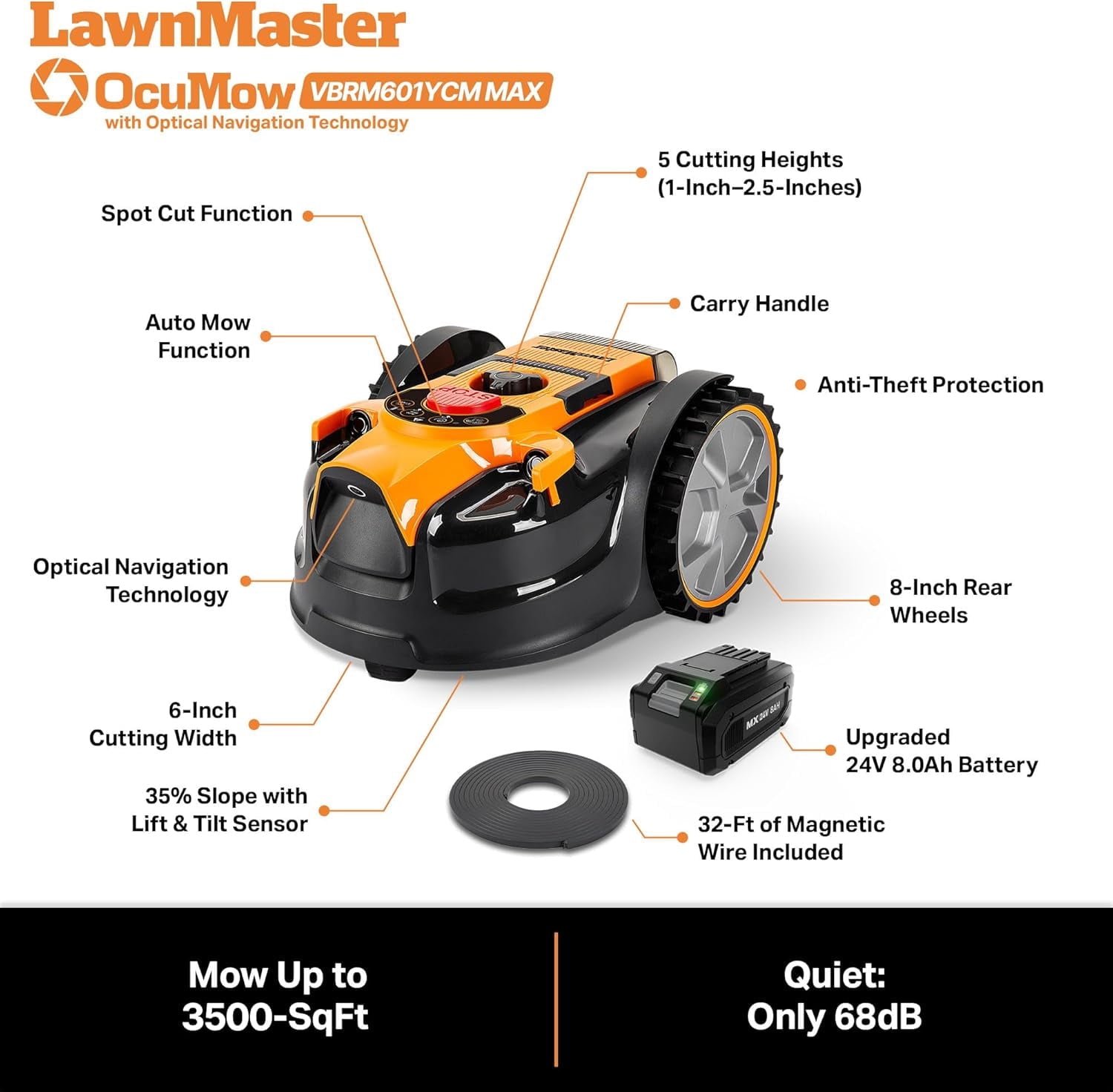 Newly Upgraded LawnMaster OcuMow™ VBRM601YCM MAX Perimeter Wire Free Robot Lawn Mower Cuts Small Lawns 2000-3500 Square Feet with Optical Navigation, Obstacle Avoidance, Low Noise and No Go Function