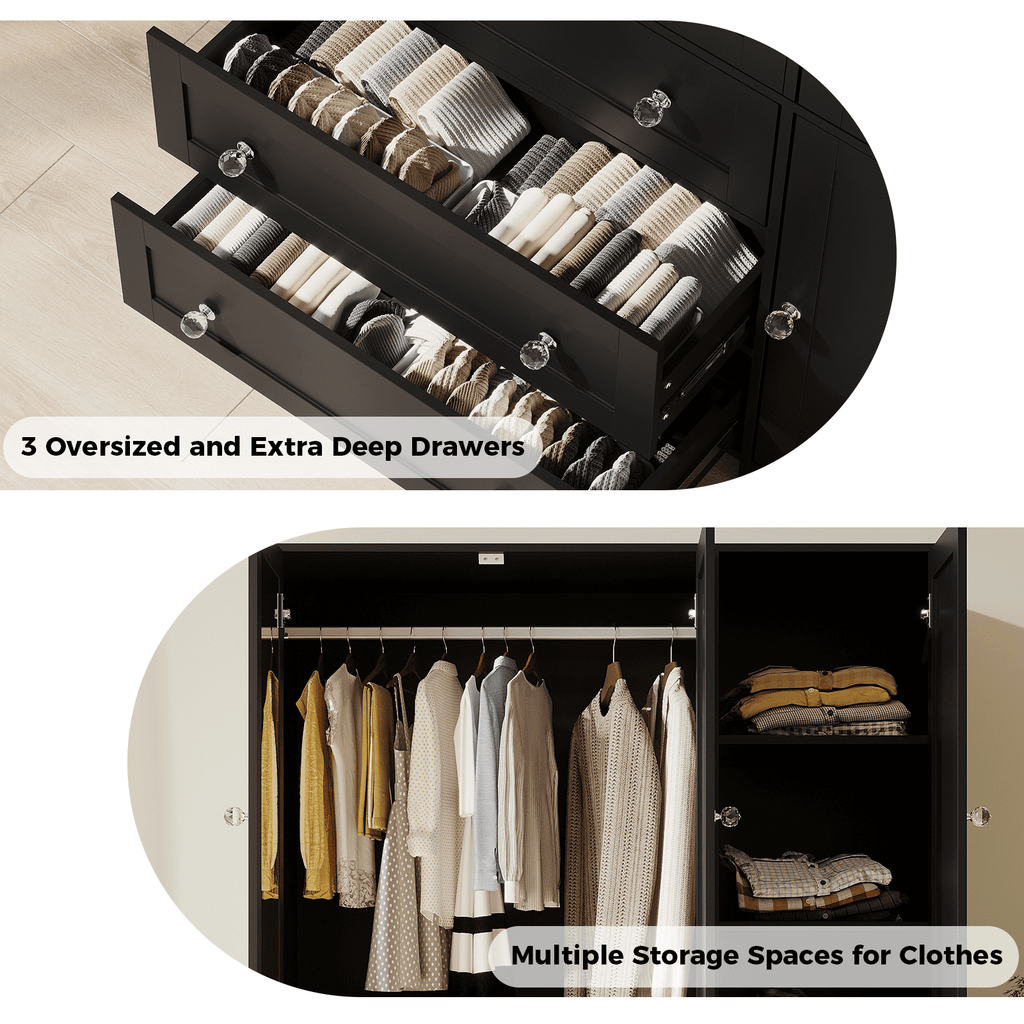 Richya Wardrobe Closet Armoire Storage Cabinet 3 Doors with Hanging Rod for Hanging Clothes Bedroom Large Capacity Tall Freestanding Armoire Organizer with Shelves particle board