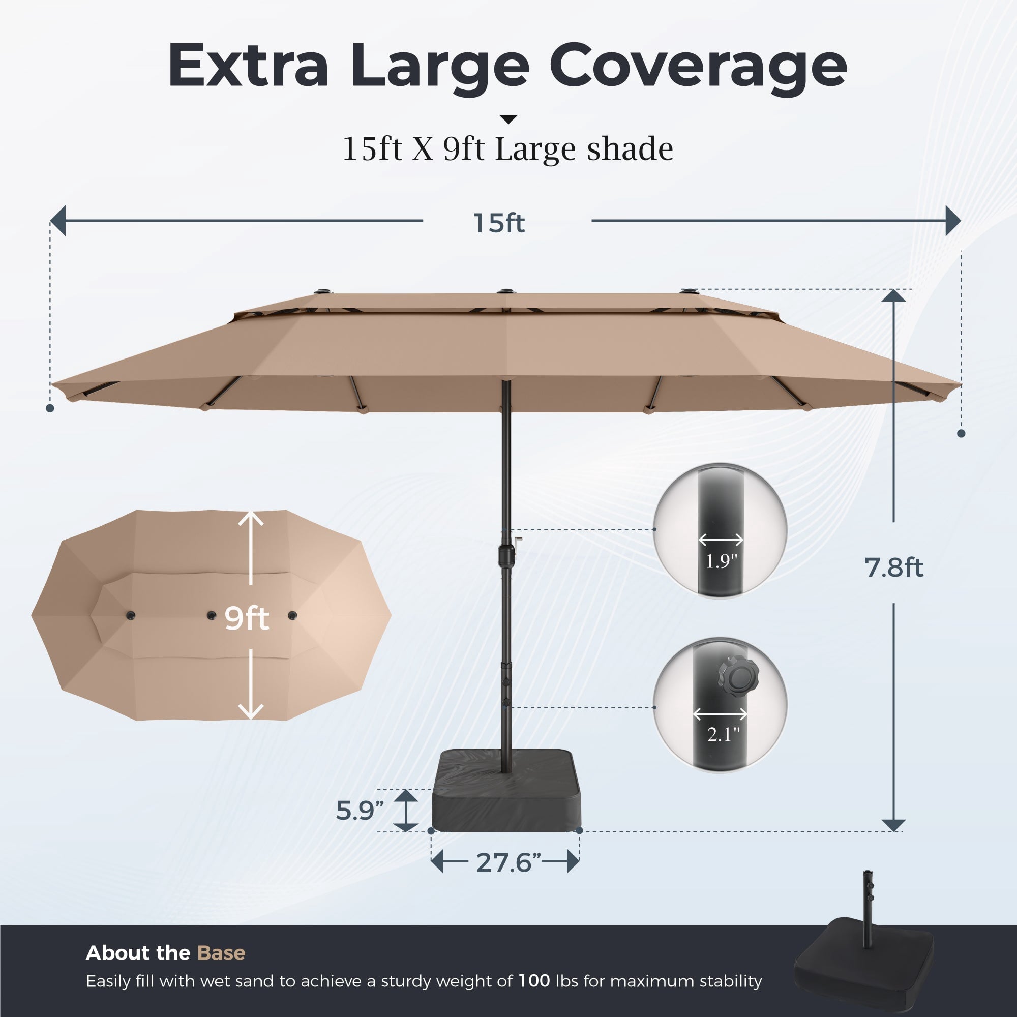 Alpha Joy 15ft Dual-Layer Outdoor Patio Umbrella Extra-Large Double-Sided Garden Umbrella with Ventilation and Base - Beige