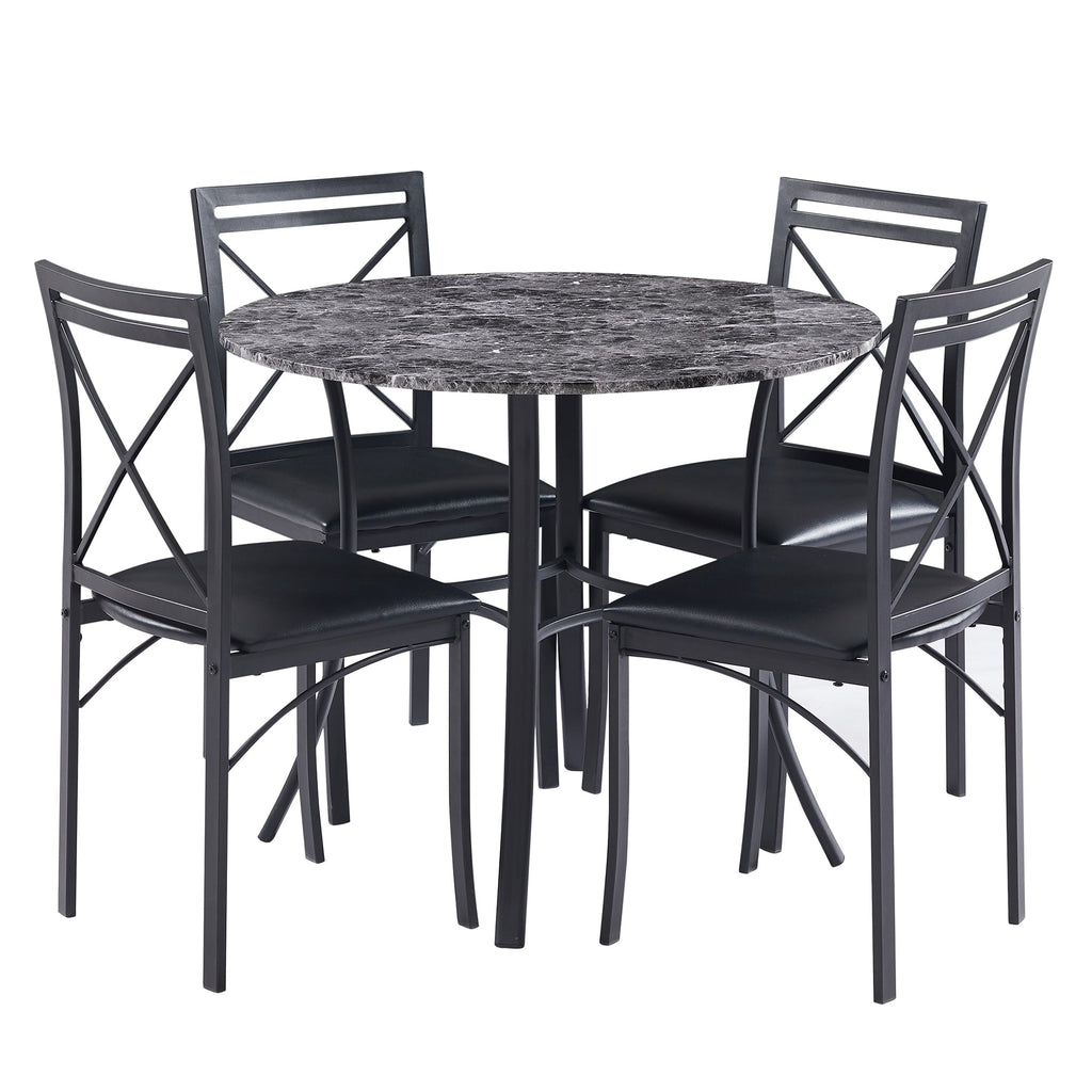 VECELO 5-Piece Dining Table Set, Modern Faux Marble Table and 4 Upholstered Chairs Set for 4, Round Dining Room Table Set for Small Space, Breakfast Nook, Apartment, Black