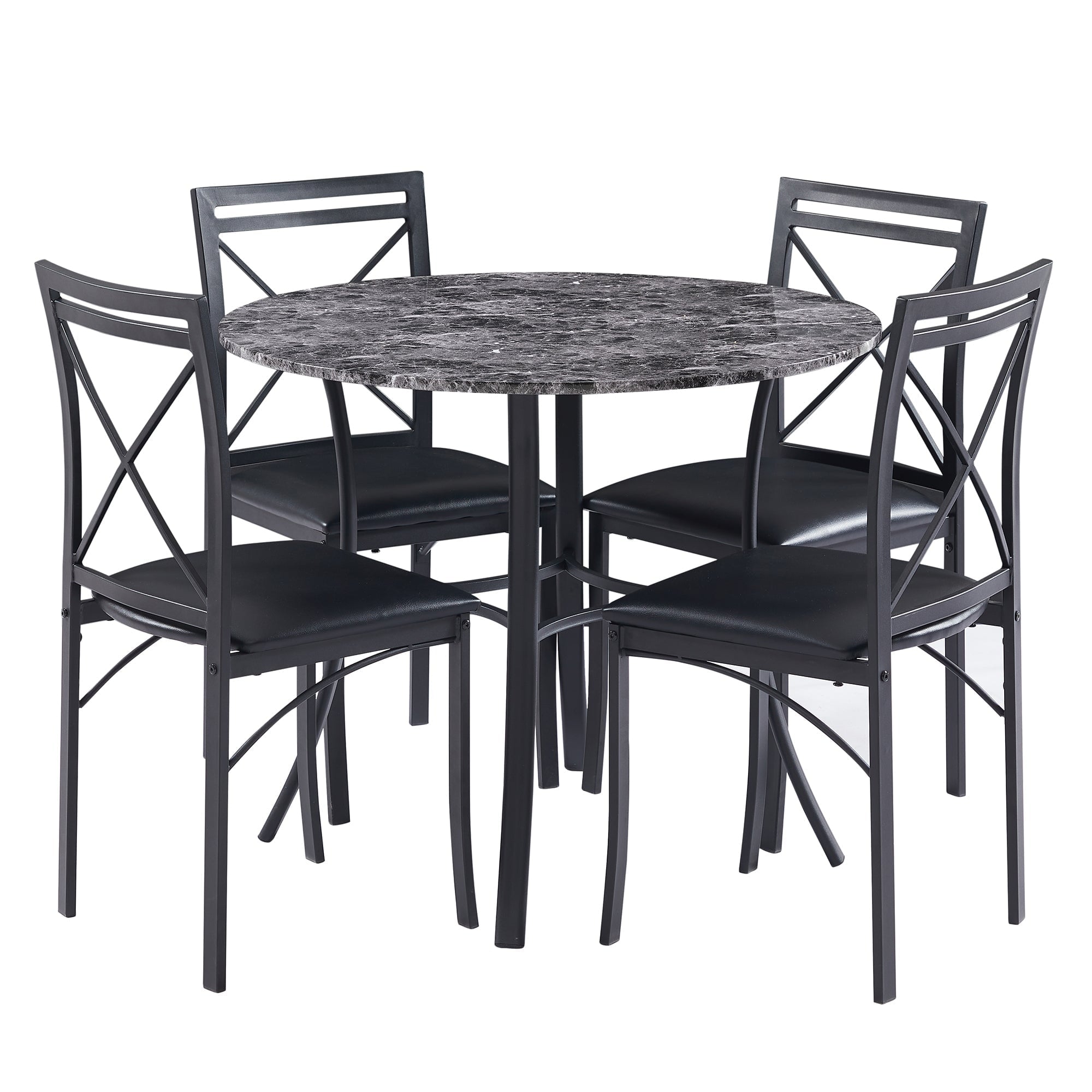 VECELO 5-Piece Dining Table Set, Modern Faux Marble Table and 4 Upholstered Chairs Set for 4, Round Dining Room Table Set for Small Space, Breakfast Nook, Apartment, Black