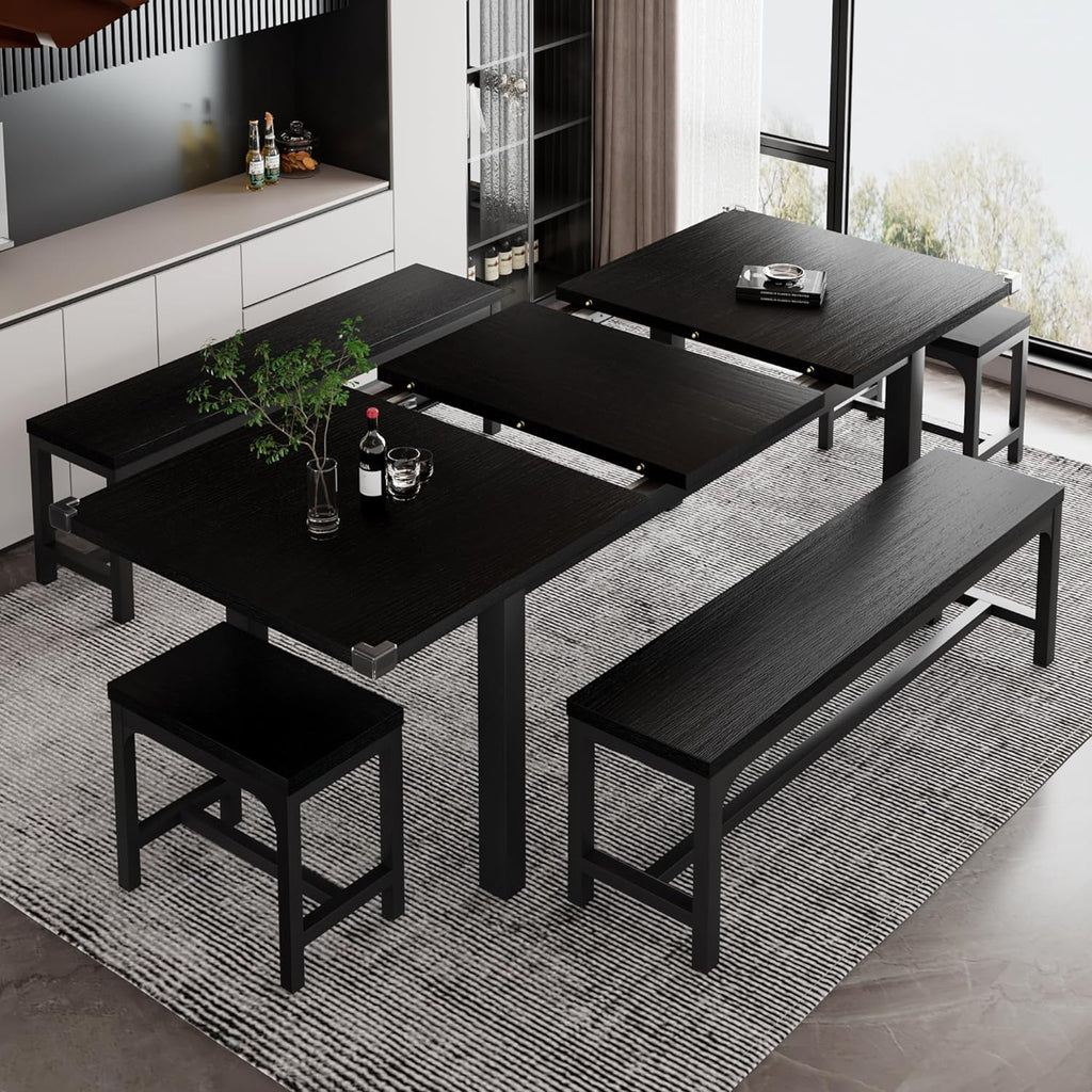 iPormis 5-Piece Dining Table Set for 4-8 People, Extendable Kitchen Table Set with 2 Benches and 2 Square Stools, Espresso