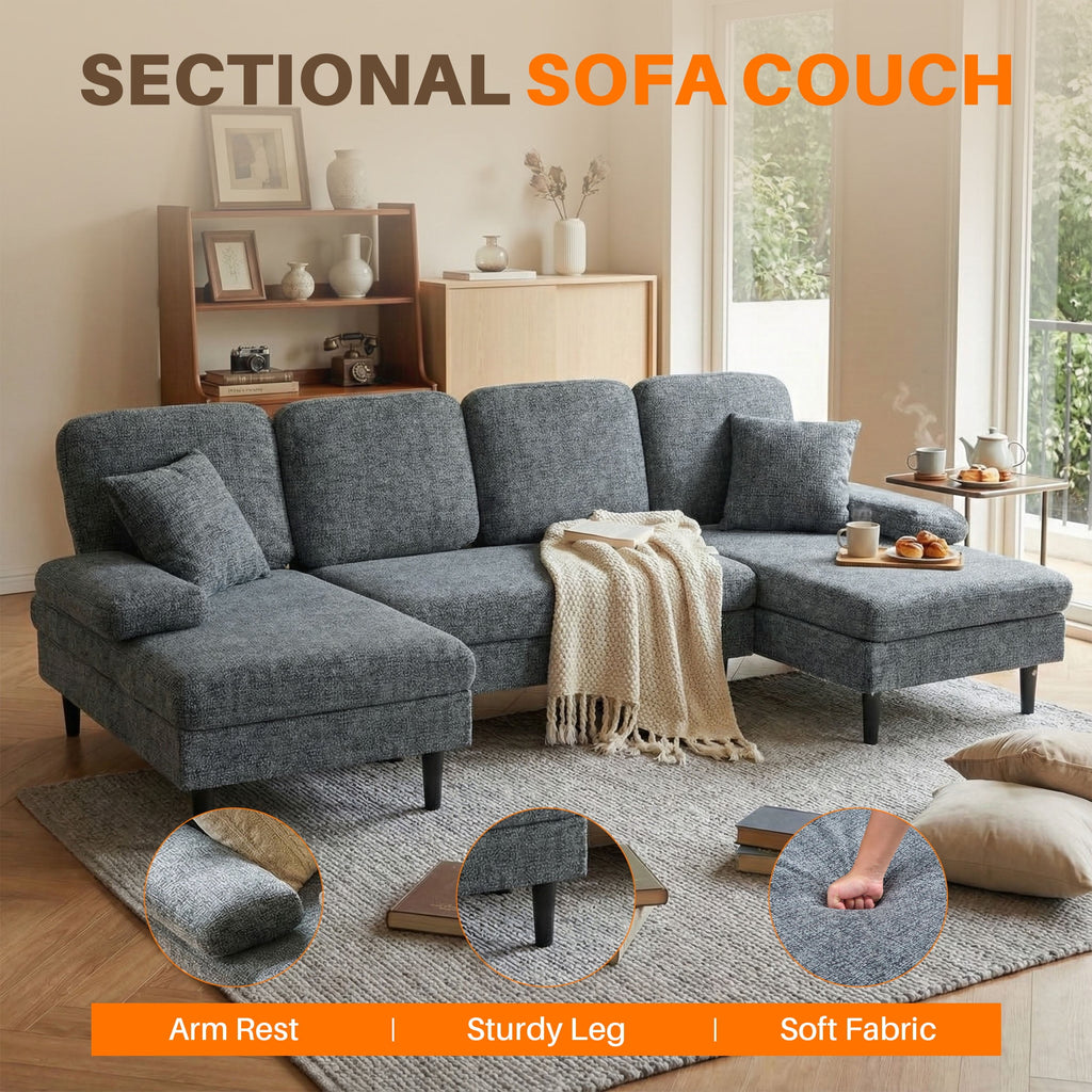 edx 99 U-Shaped 6 Seat Sofa Couch for Living Room, Linen Fabric Sofa Bed with Removable Pillows for Home and Apartment (Fabric, Dark Grey)