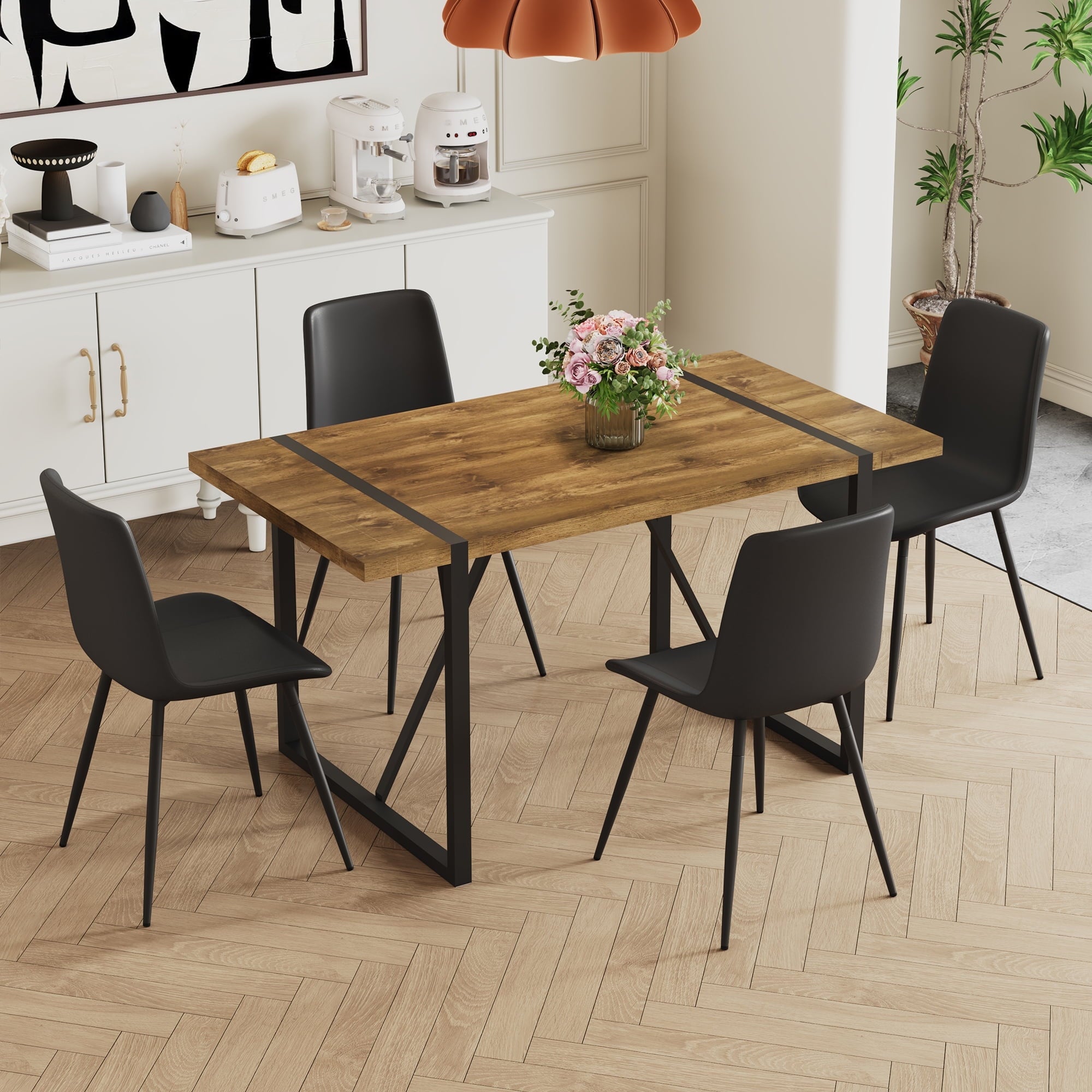 JUFU 55 Dining Table Set for 4, Modern Table and Chairs Set of 4, 5 Piece Dining Table Set Include Wooden Kitchen Table and 4 Faux Leather Chairs Ideal for Kitchen Dining Room Easy to Assemble