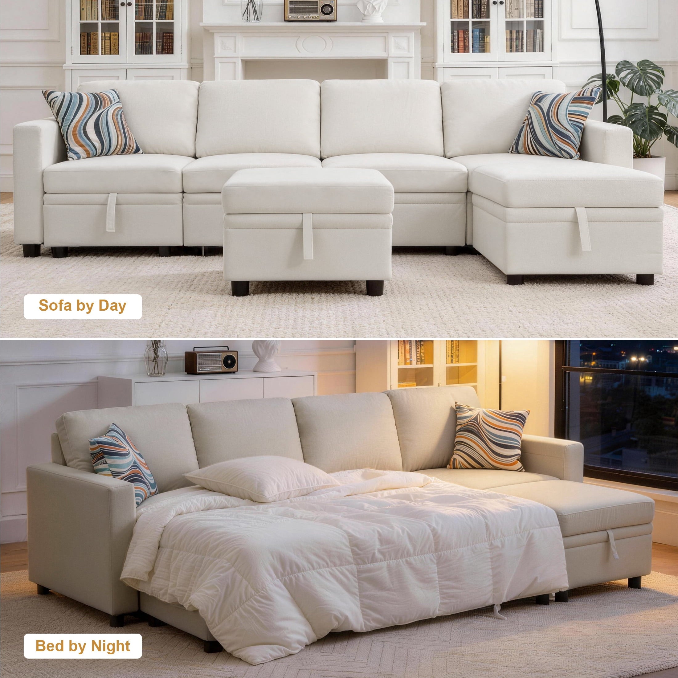 AENKYO 102 U-Shaped Sectional Sofa Bed, Linen Pull Out Sleeper Couch with Storage Seats for Living Room，White