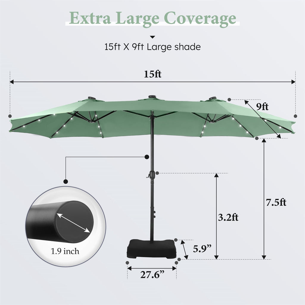 SUMMIT LIVING 15ft Double-Sided Solar Patio Umbrella with Base (Included) Large Outdoor Umbrella with Solar Lights - Beige
