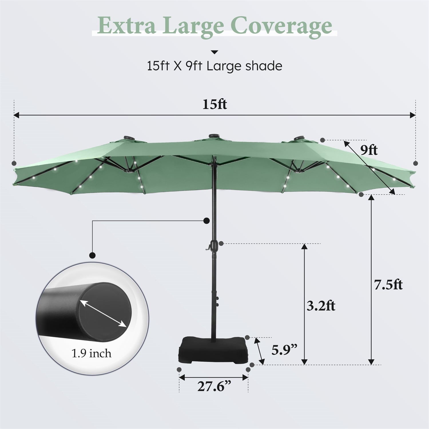 SUMMIT LIVING 15 FT Double-Sided Solar Patio Umbrella with Base Large Outdoor Umbrella with LED Solar Lights - Haze Blue