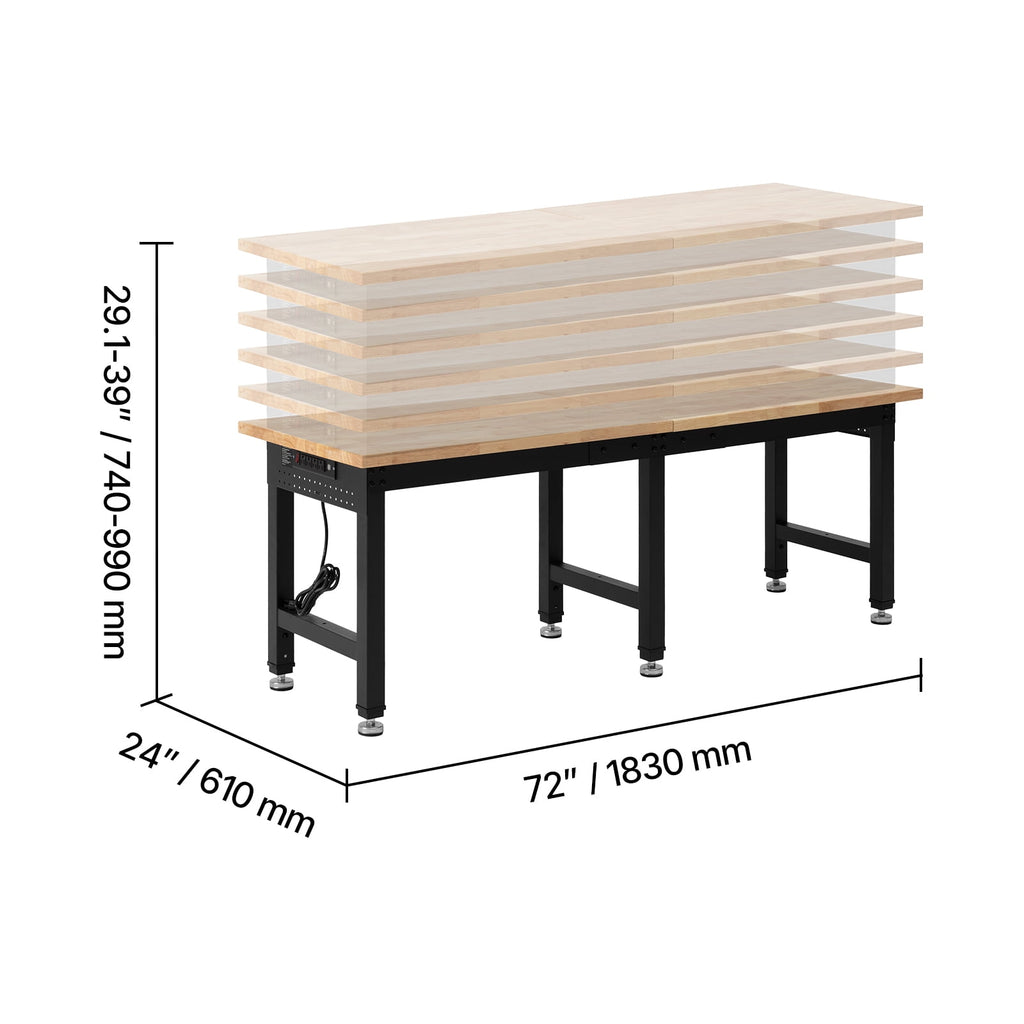 KFFKFF Adjustable Workbench with 5000 lbs Capacity, 72 x 24 Inch Oak Wood Top, Workstation Featuring 4 AC Outlets & 2 USB Ports, Durable Hardwood Table for Garage, Workshop, Home, Office