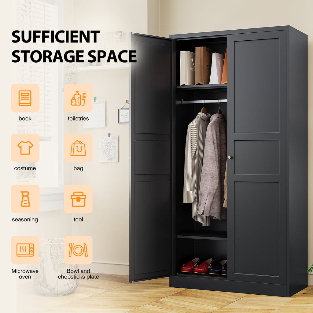 STANI Metal Wardrobe Closet with Hanging Rod, 72 White Armoire Wardrobe Cabinet with Adjustable Shelves, Clothes Storage Organizer Cabinets for Bedroom, Bathroom, Office