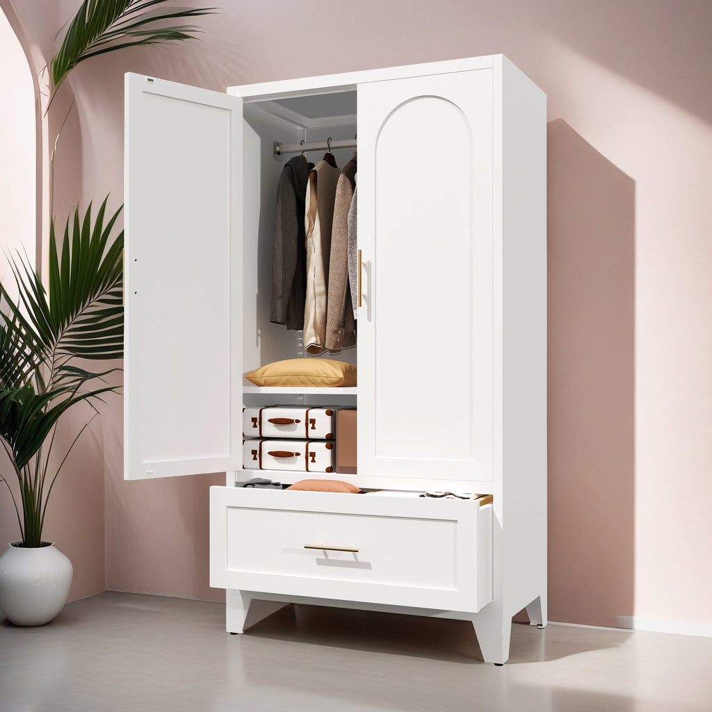 avobird 60 Tall Metal Wardrobe Cabinet with 1 Drawer and Hanging Rod, 2 Doors Wardrobe Closet with Shelf for Bedroom, Beige
