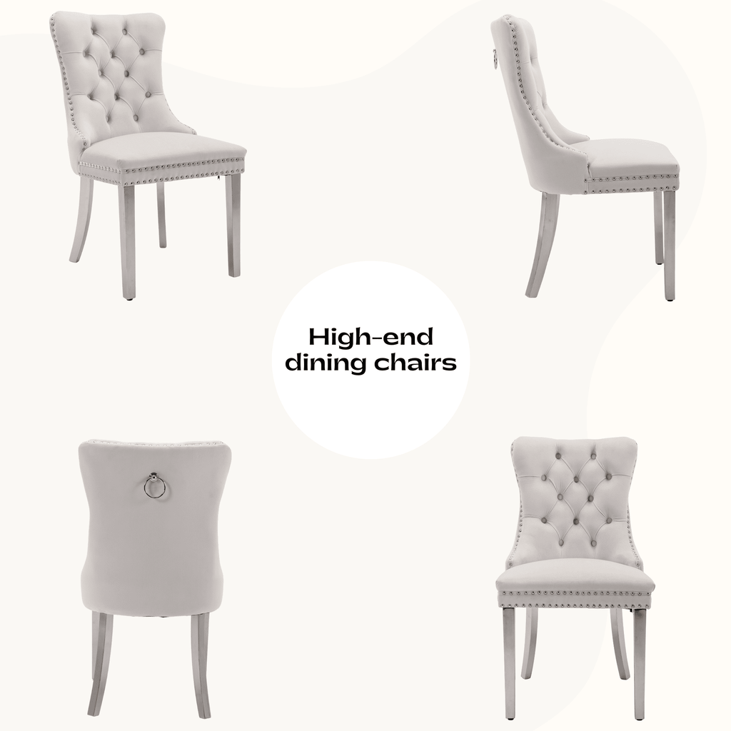 63 Modern White Rectangle Faux Marble Dining Table Room Sets for 4,Dining Table with 4 Velvet Dining Chairs,White Table and 4 Gray Chairs with Silver Leg