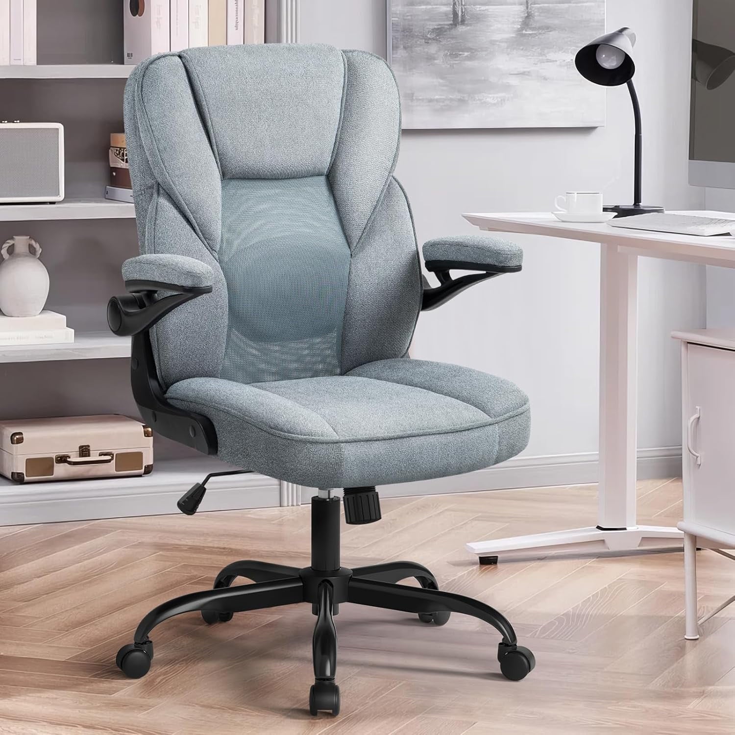 SEATZONE Ergonomic Home Desk Office Chair with Armrests and Wheels, Comfortable Swivel Task Executive Computer Chair, Velvet Fabric for Adults and Teens,Gray