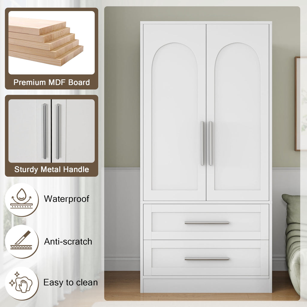 iPormis Wooden Armoire Wardrobe Closet with 2 Drawers, Clothing Storage Cabinet with Shelves Aluminum Hanging Rod, Sturdy Freestanding Modern Bedroom Clothing Armoires, White