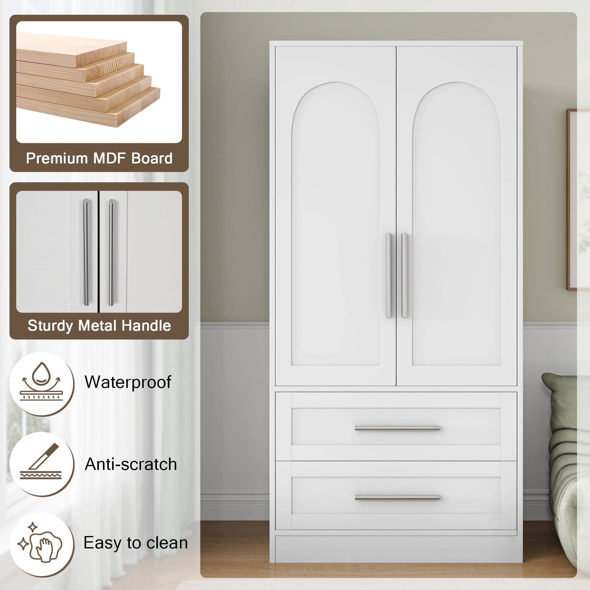 iPormis Wooden Armoire Wardrobe Closet with 2 Drawers, Clothing Storage Cabinet with Shelves Aluminum Hanging Rod, Sturdy Freestanding Modern Bedroom Clothing Armoires, White