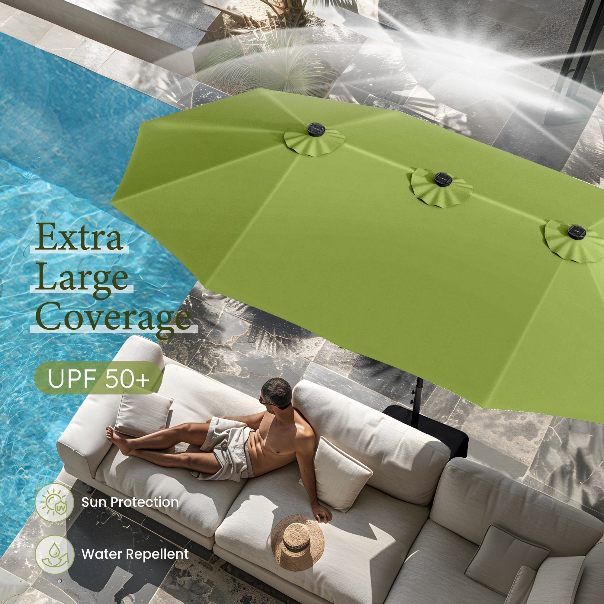 SUMMIT LIVING 15ft Double-Sided Solar Patio Umbrella with Base (Included) Large Outdoor Umbrella with Solar Lights - Beige