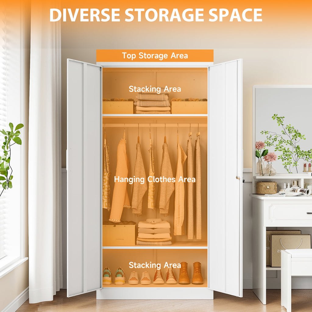 STANI Metal Wardrobe Closet with Hanging Rod, 72 White Armoire Wardrobe Cabinet with Adjustable Shelves, Clothes Storage Organizer Cabinets for Bedroom, Bathroom, Office