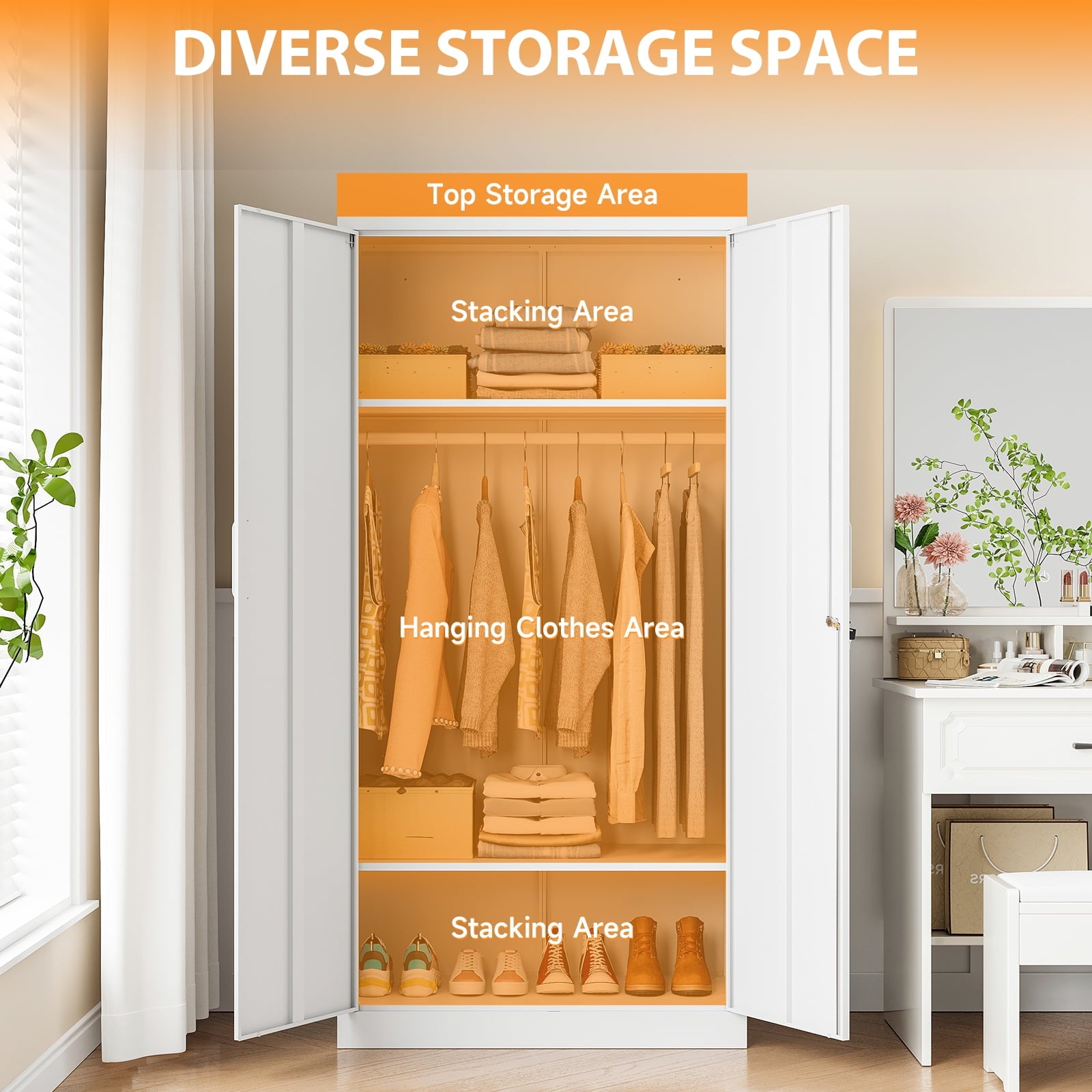 STANI Metal Wardrobe Closet with Hanging Rod, 72 White Armoire Wardrobe Cabinet with Adjustable Shelves, Clothes Storage Organizer Cabinets for Bedroom, Bathroom, Office