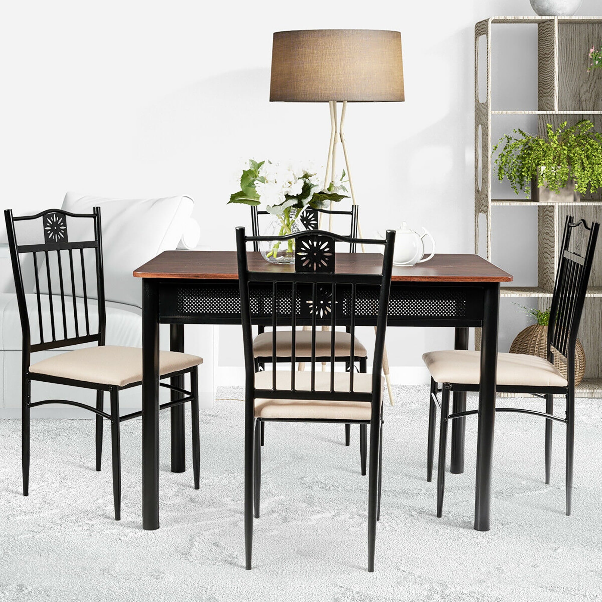 Costway 5PCS Dining Set Metal Table & 4 Chairs Kitchen Breakfast Furniture Black